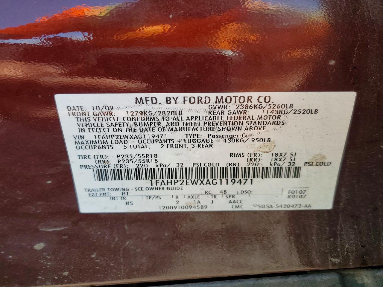 2010 Ford Taurus Sel Maroon vin: 1FAHP2EWXAG119471