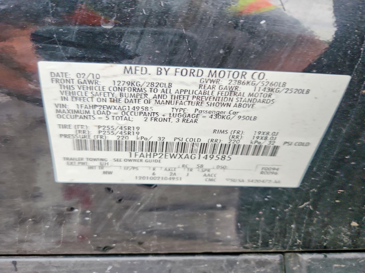 2010 Ford Taurus Sel Black vin: 1FAHP2EWXAG149585