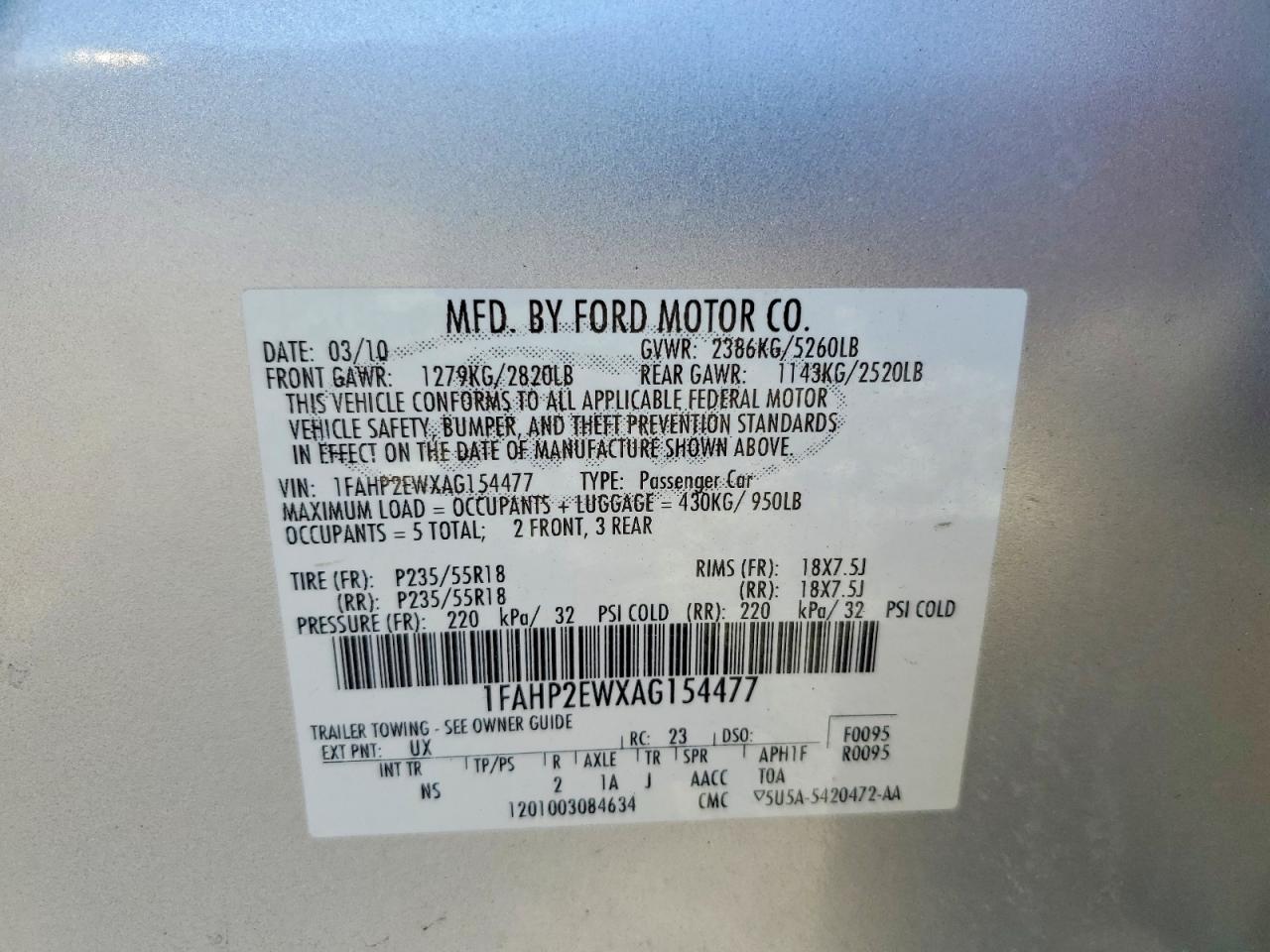 2010 Ford Taurus Sel Silver vin: 1FAHP2EWXAG154477