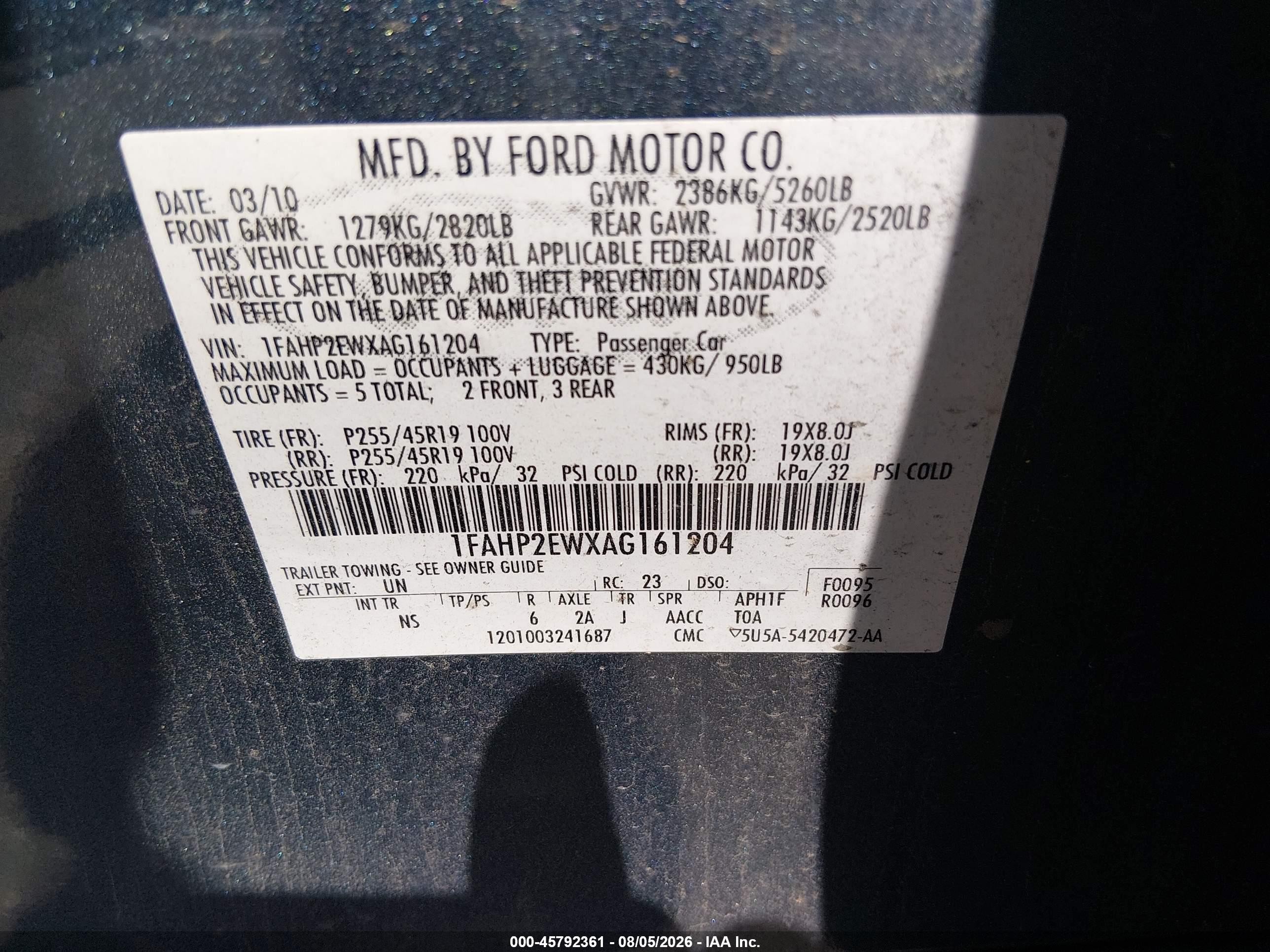 2010 Ford Taurus Sel Light Blue vin: 1FAHP2EWXAG161204