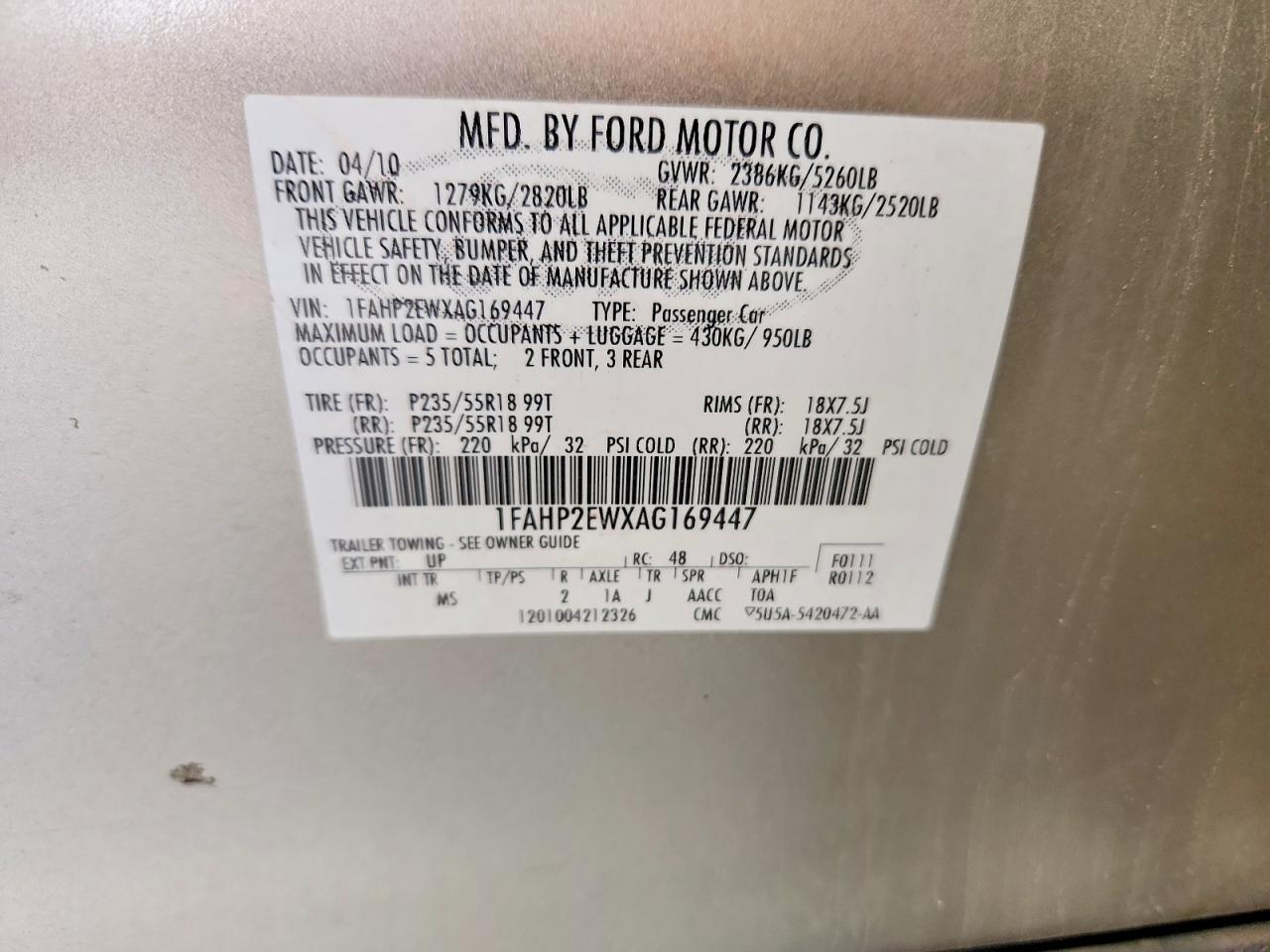 2010 Ford Taurus Sel Gold vin: 1FAHP2EWXAG169447
