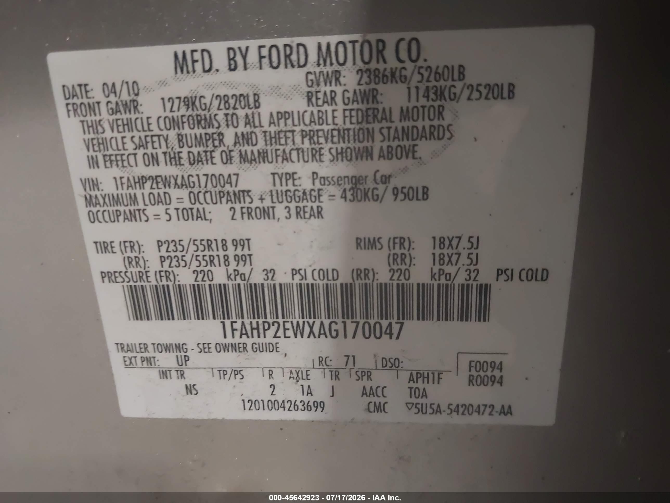 2010 Ford Taurus Sel Tan vin: 1FAHP2EWXAG170047