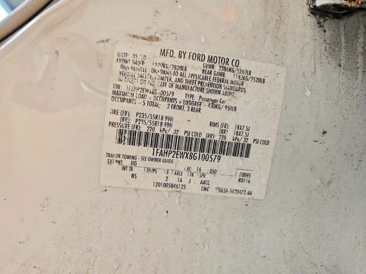 2011 Ford Taurus Sel White vin: 1FAHP2EWXBG100579