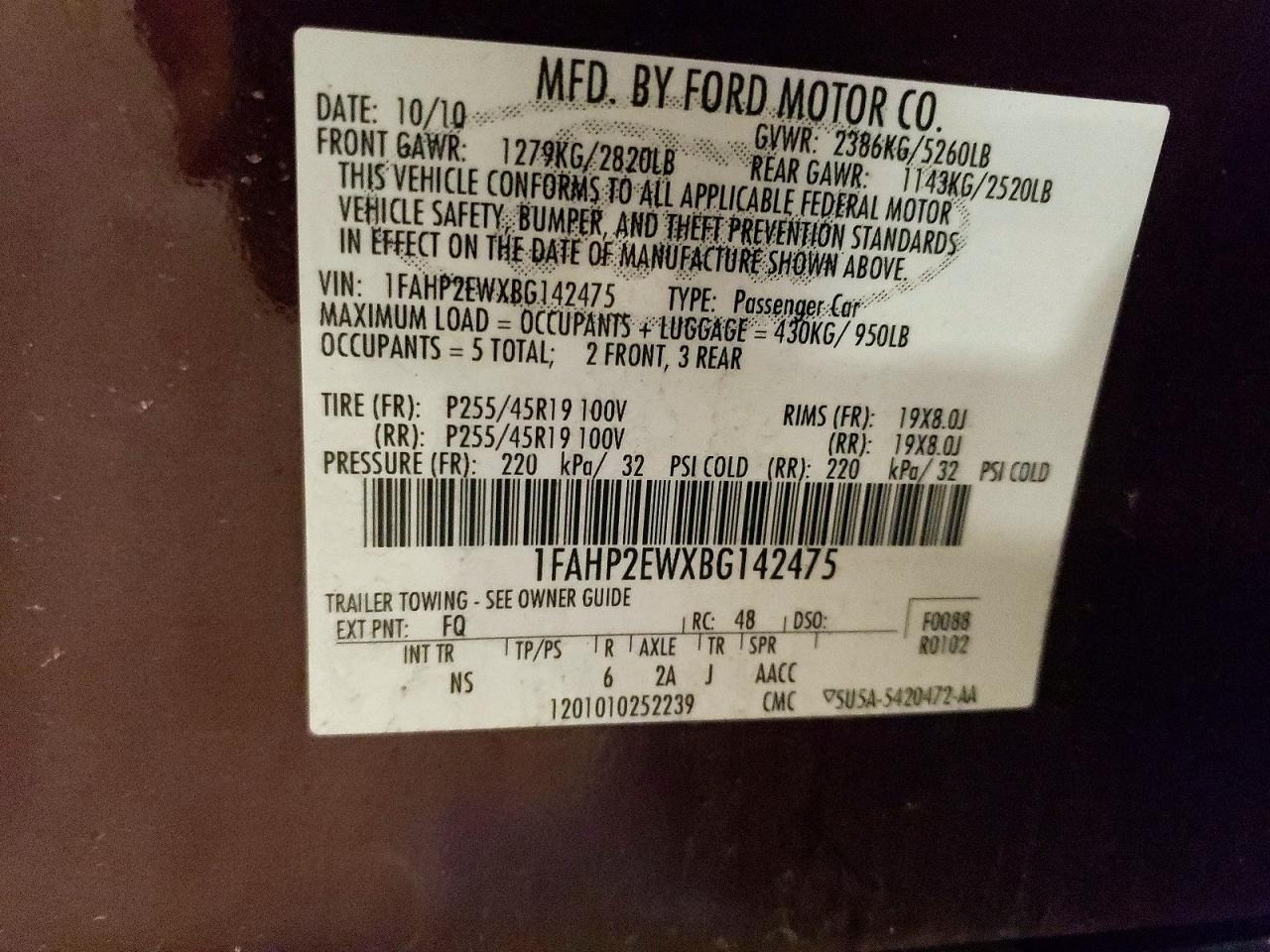 2011 Ford Taurus Sel Бордовый vin: 1FAHP2EWXBG142475