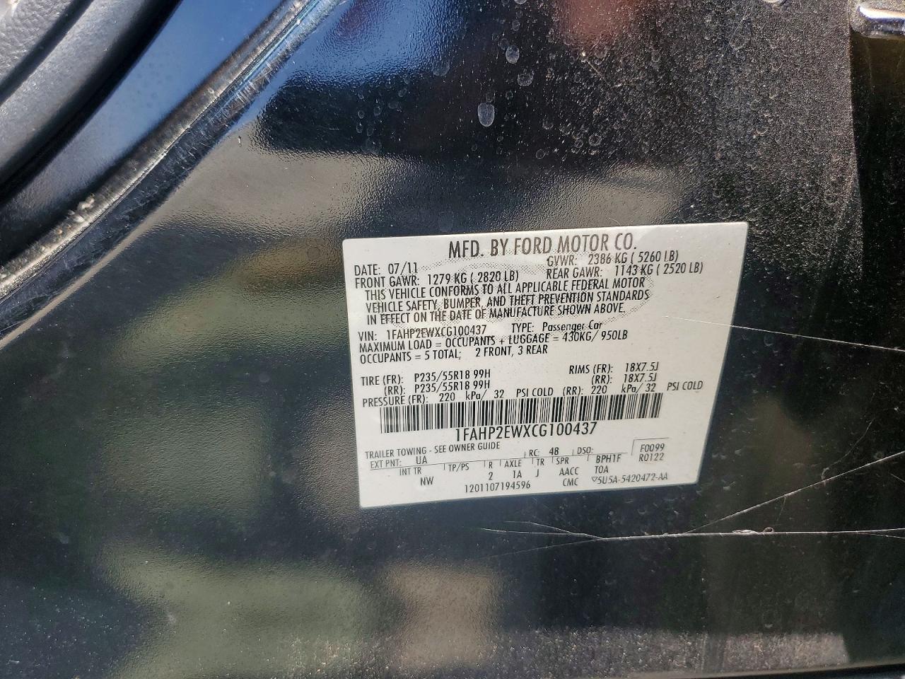 2012 Ford Taurus Sel Black vin: 1FAHP2EWXCG100437