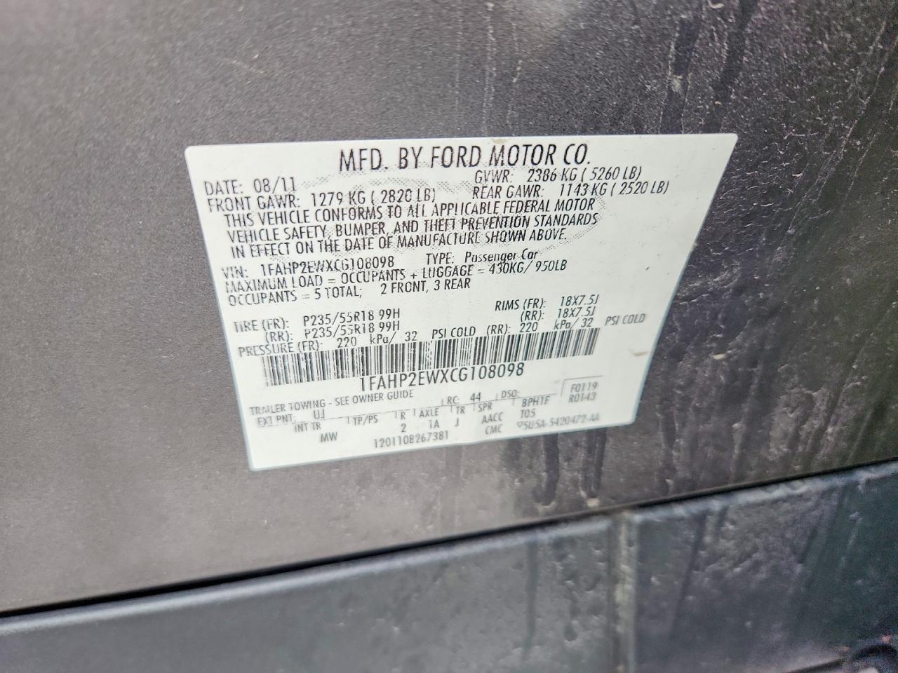 2012 Ford Taurus Sel Gray vin: 1FAHP2EWXCG108098