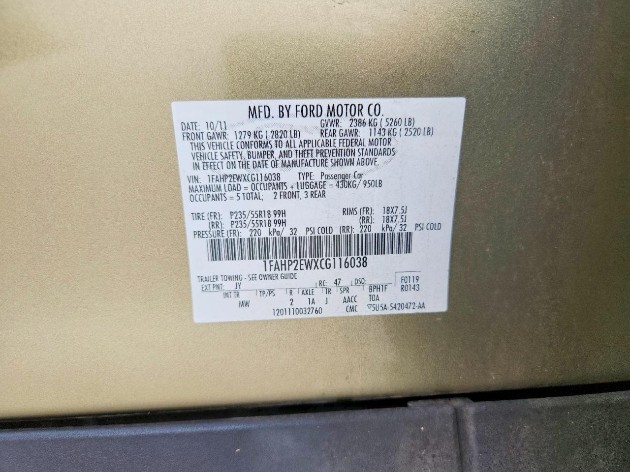 2012 Ford Taurus Sel Green vin: 1FAHP2EWXCG116038