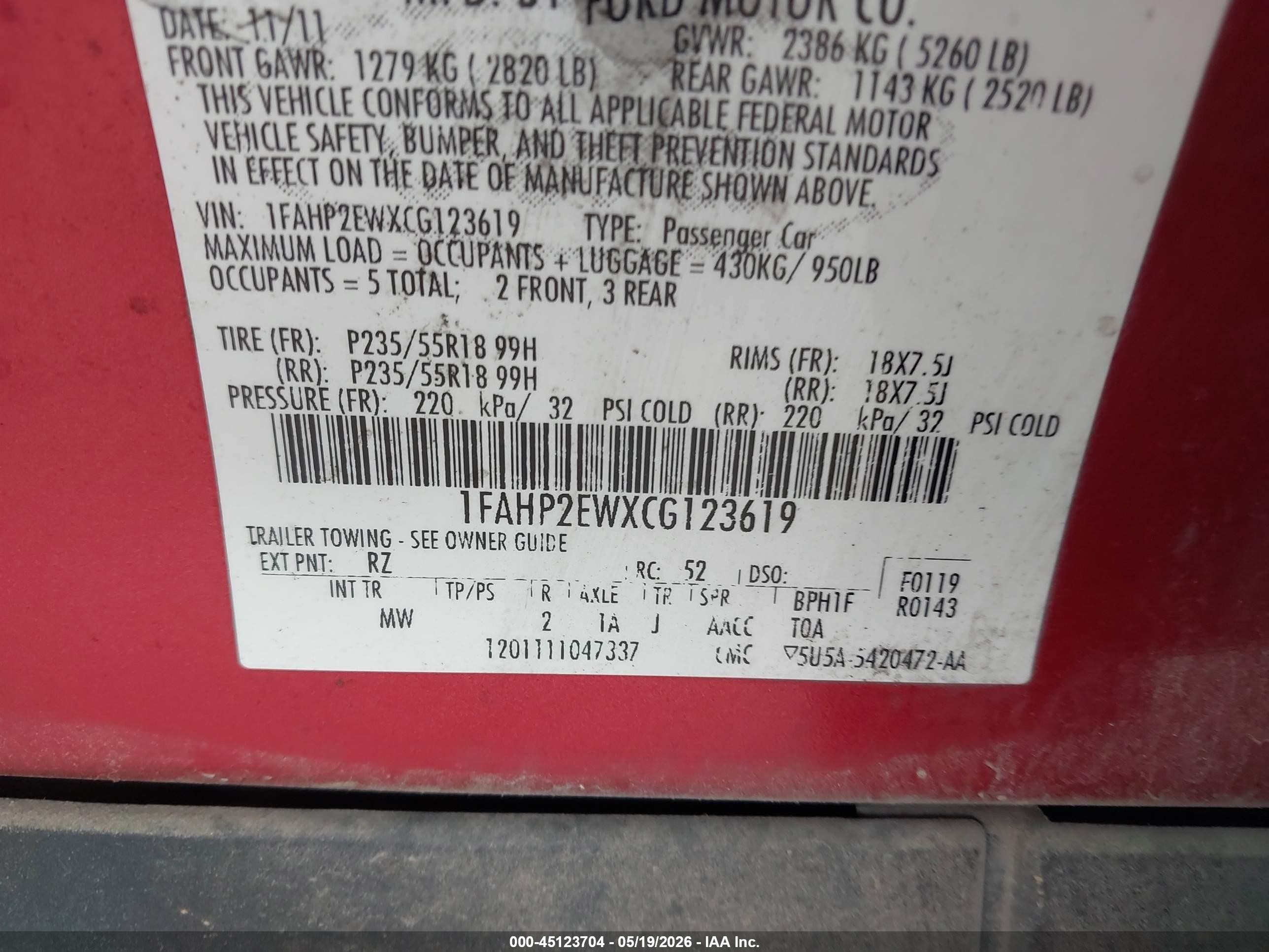 2012 Ford Taurus Sel Red vin: 1FAHP2EWXCG123619