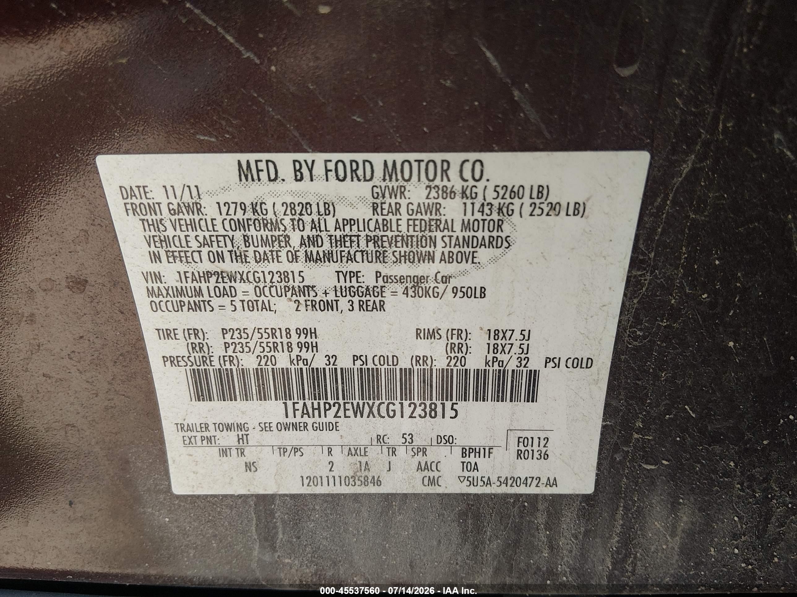 2012 Ford Taurus Sel Maroon vin: 1FAHP2EWXCG123815