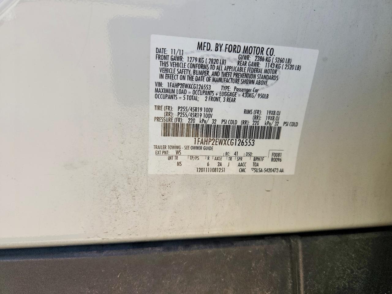 2012 Ford Taurus Sel White vin: 1FAHP2EWXCG126553