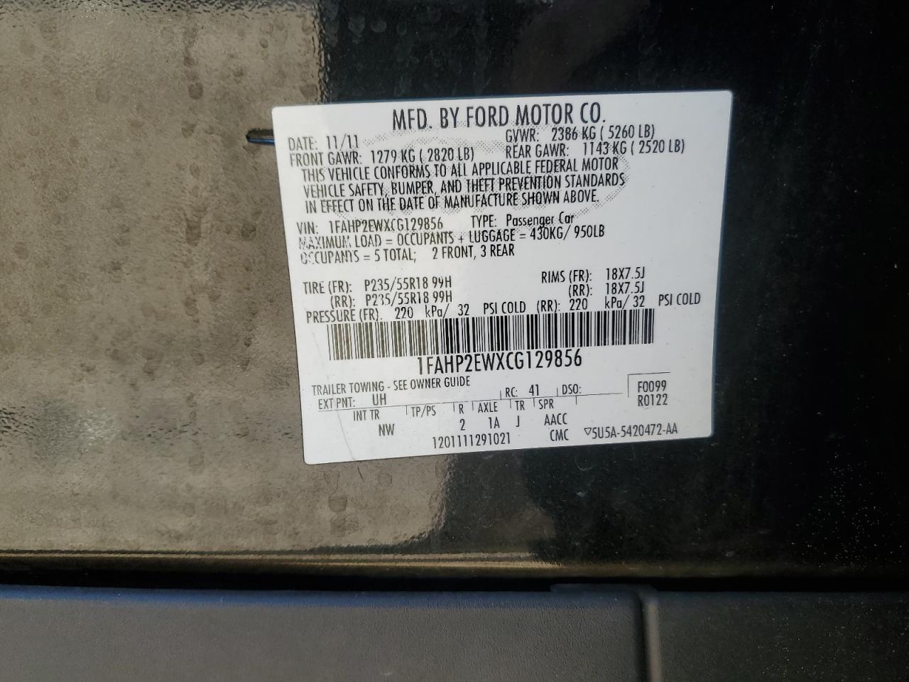 2012 Ford Taurus Sel Черный vin: 1FAHP2EWXCG129856