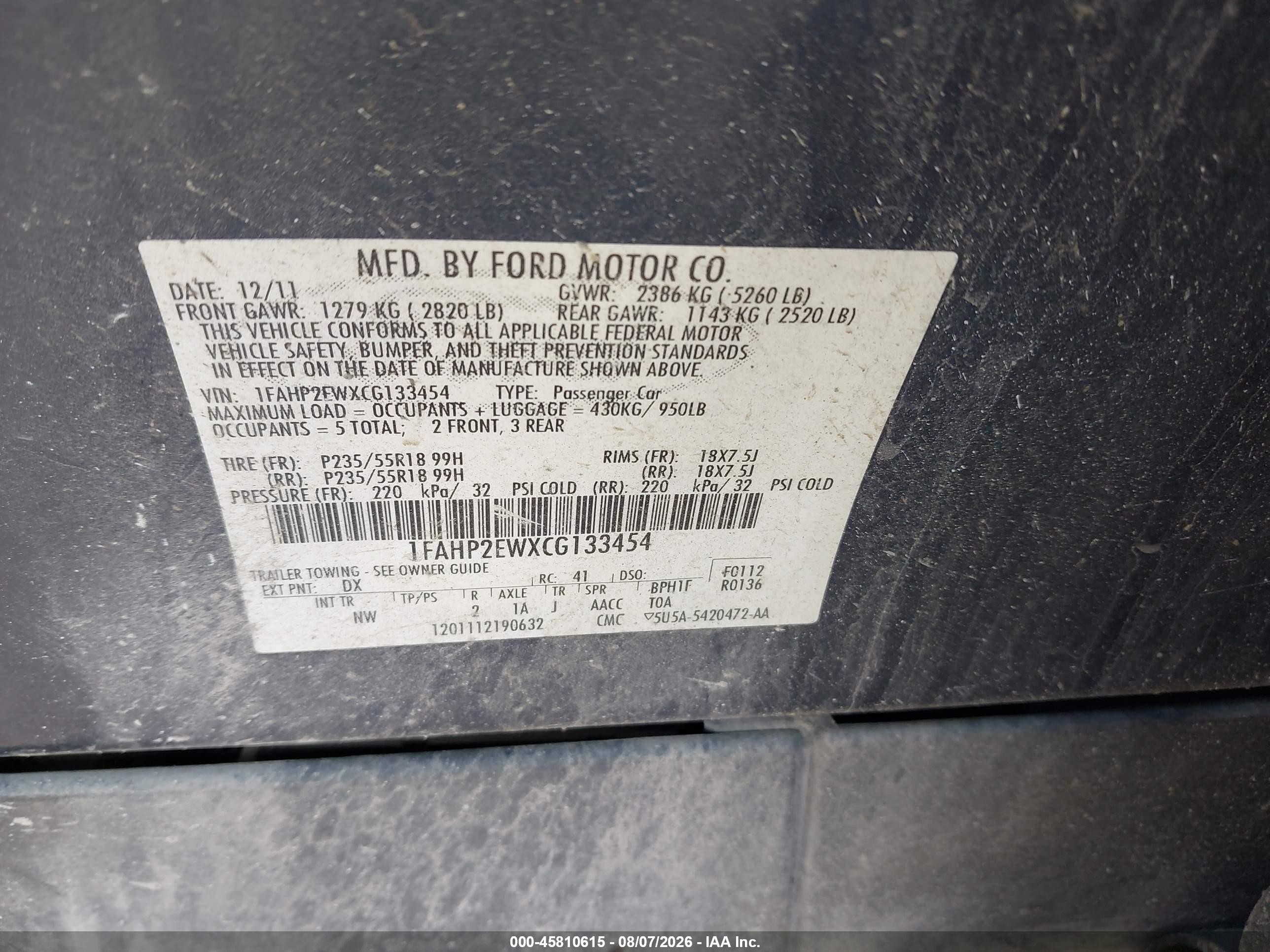2012 Ford Taurus Sel Синий vin: 1FAHP2EWXCG133454