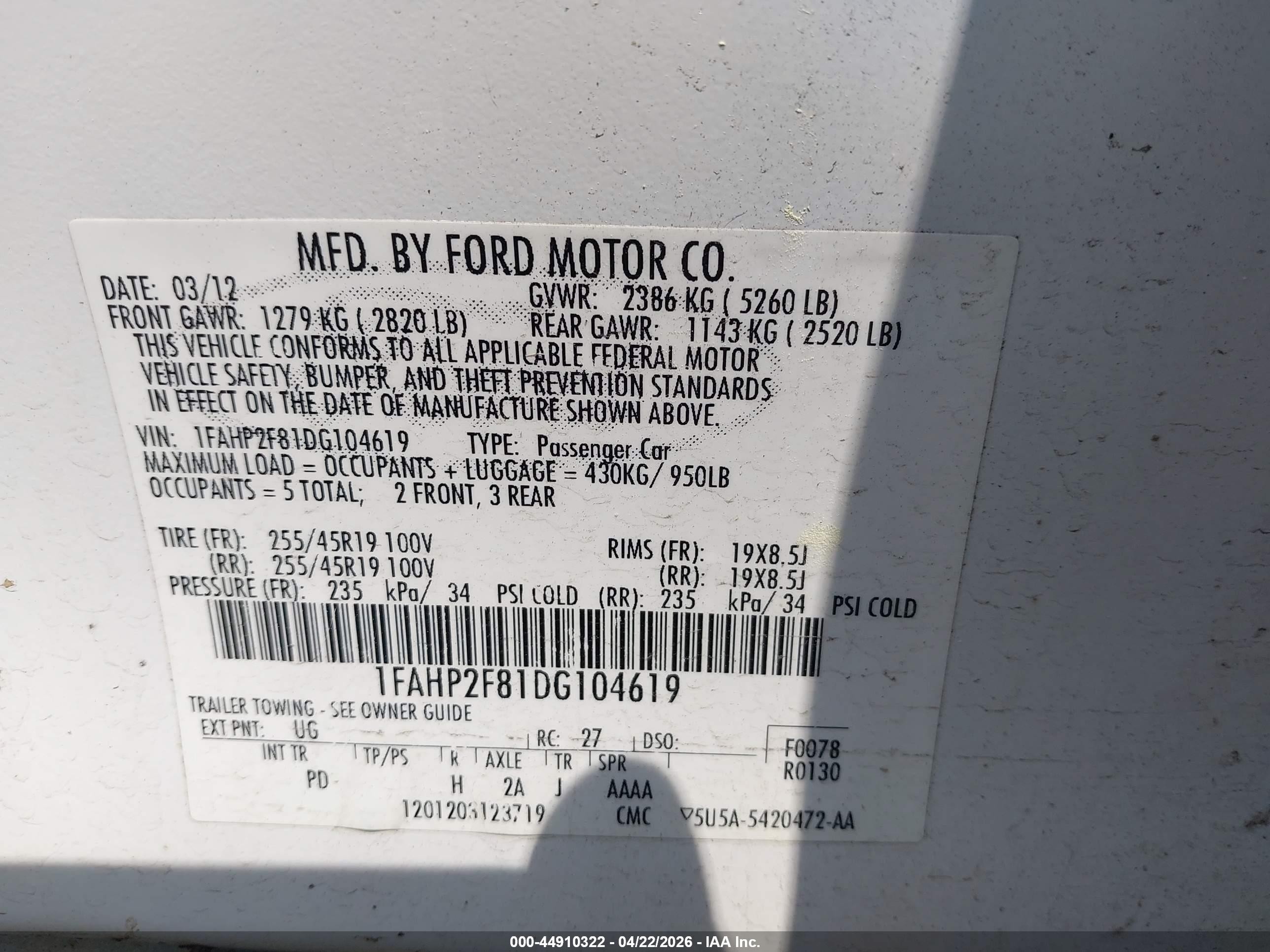 2013 Ford Taurus Limited White vin: 1FAHP2F81DG104619
