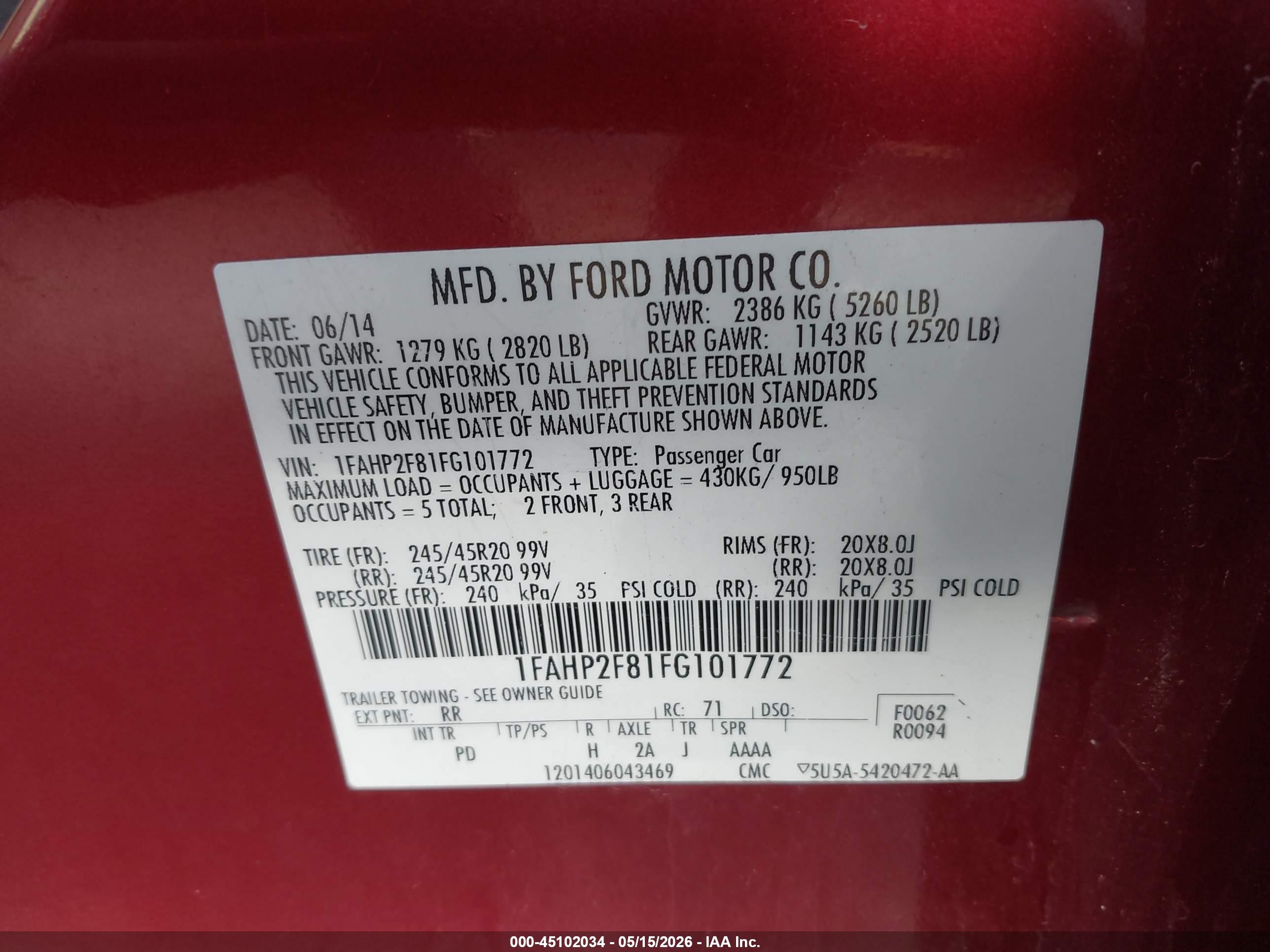 2015 Ford Taurus Limited Red vin: 1FAHP2F81FG101772