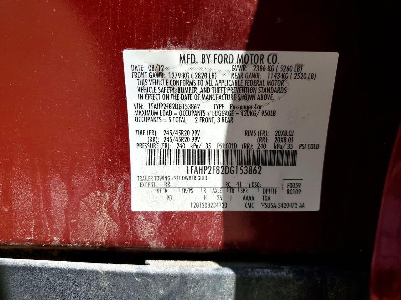 2013 Ford Taurus Limited Red vin: 1FAHP2F82DG153862