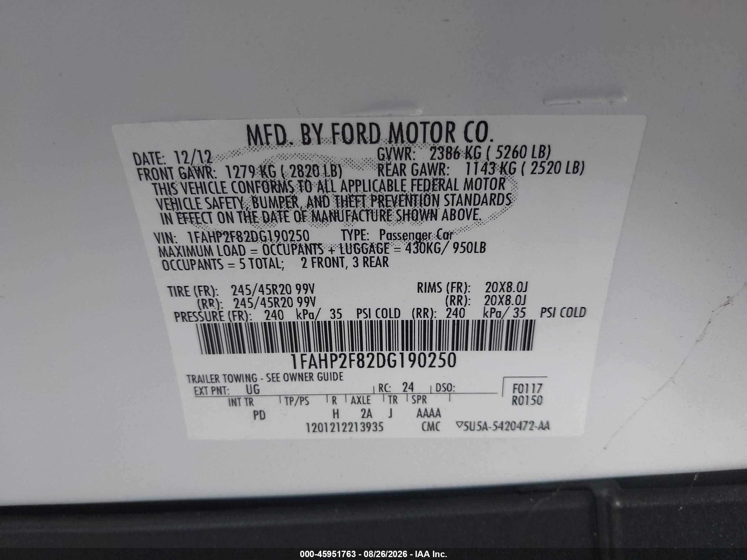 2013 Ford Taurus Limited White vin: 1FAHP2F82DG190250