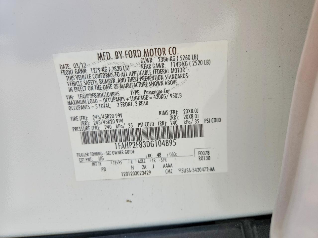 2013 Ford Taurus Limited White vin: 1FAHP2F83DG104895