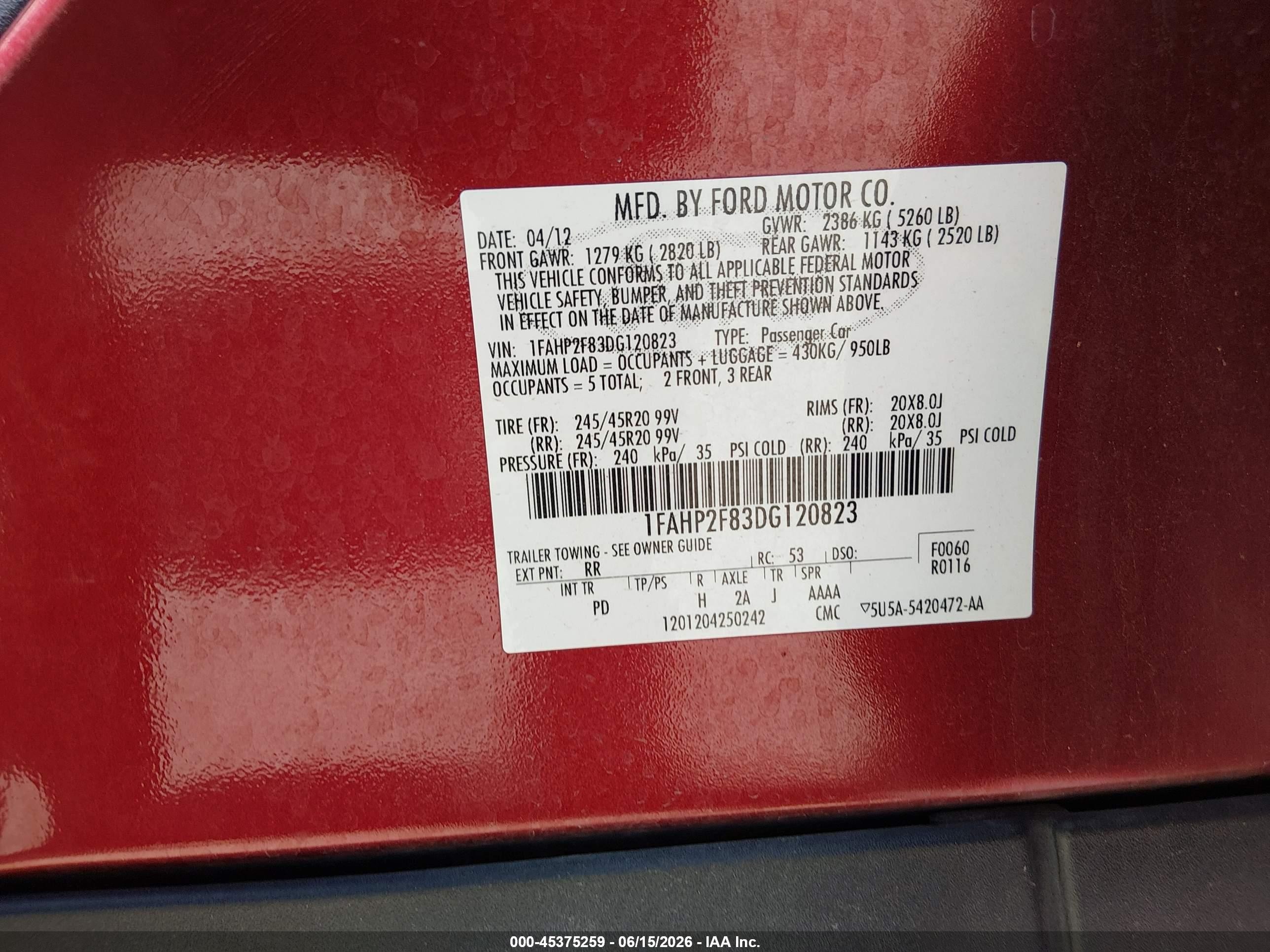 2013 Ford Taurus Limited Red vin: 1FAHP2F83DG120823