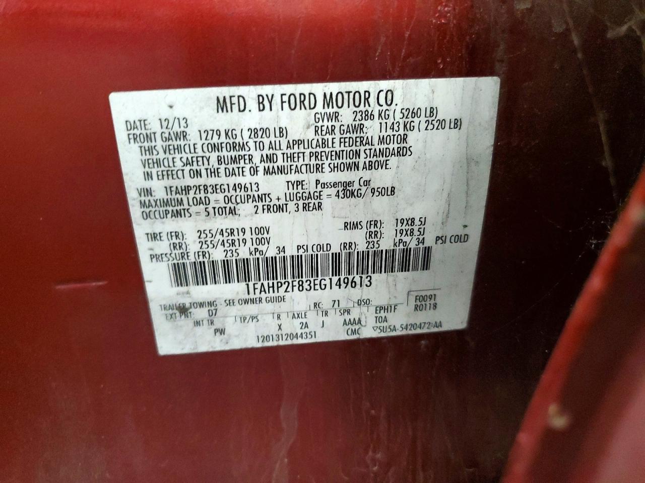 2014 Ford Taraus Red vin: 1FAHP2F83EG149613