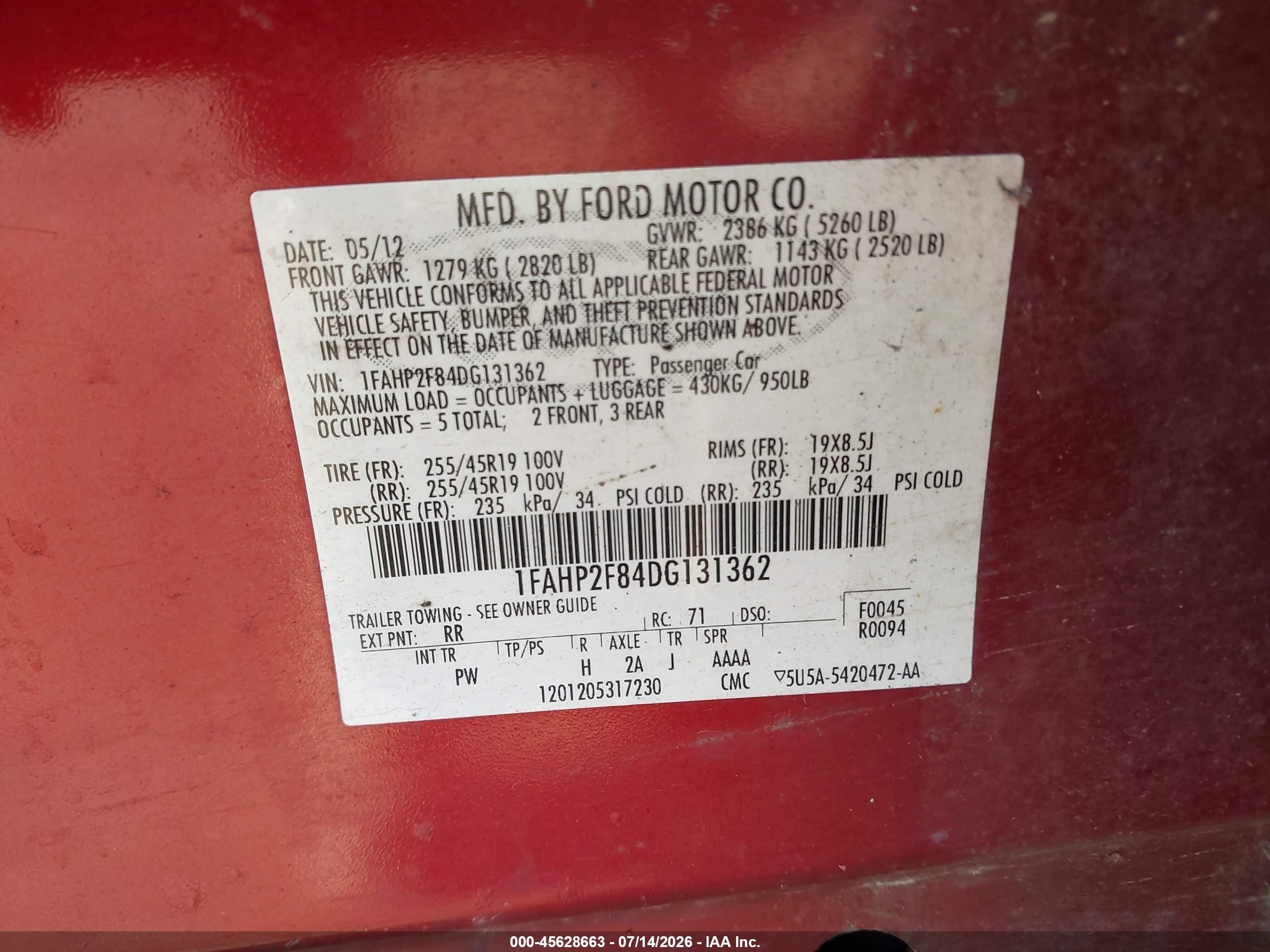2013 Ford Taurus Limited Red vin: 1FAHP2F84DG131362