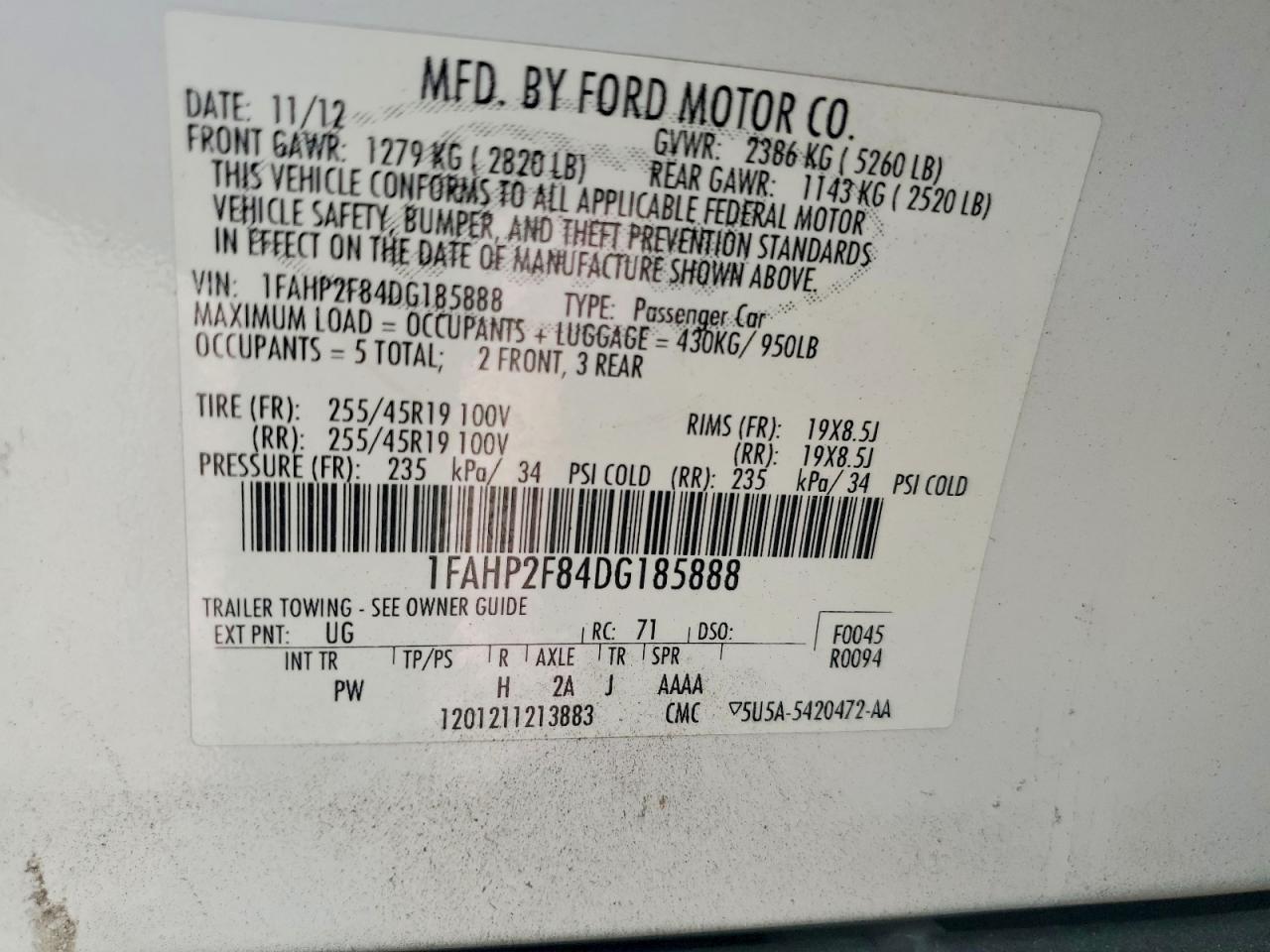 2013 Ford Taurus Limited White vin: 1FAHP2F84DG185888