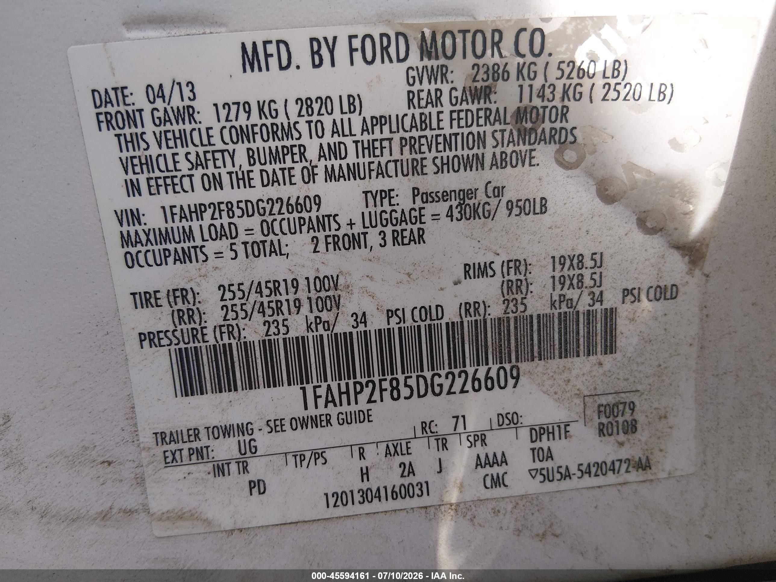 2013 Ford Taurus Limited White vin: 1FAHP2F85DG226609
