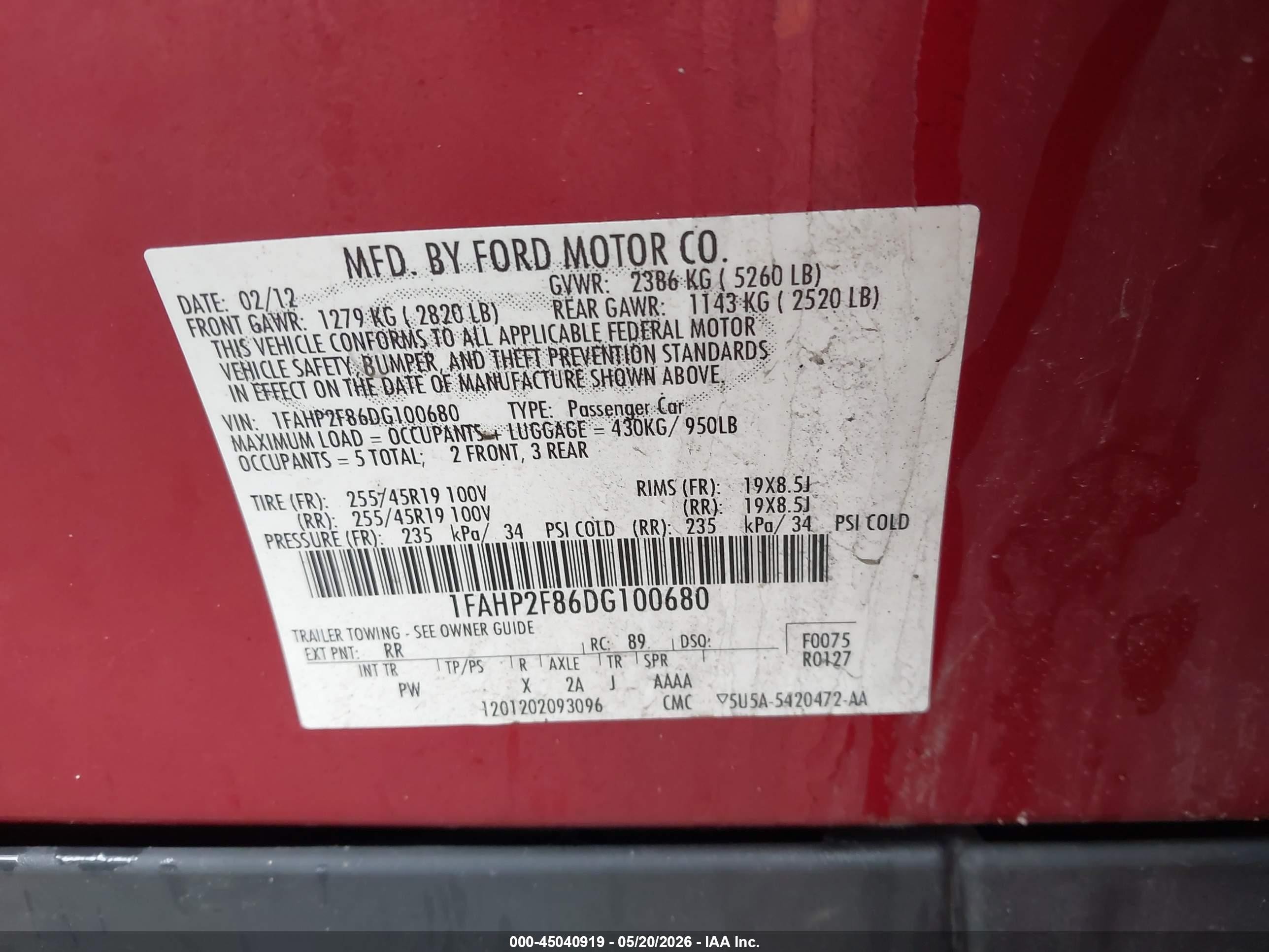 2013 Ford Taurus Limited Red vin: 1FAHP2F86DG100680