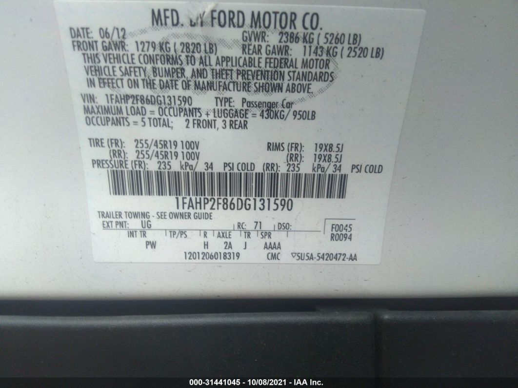 2013 Ford Taurus Limited White vin: 1FAHP2F86DG131590