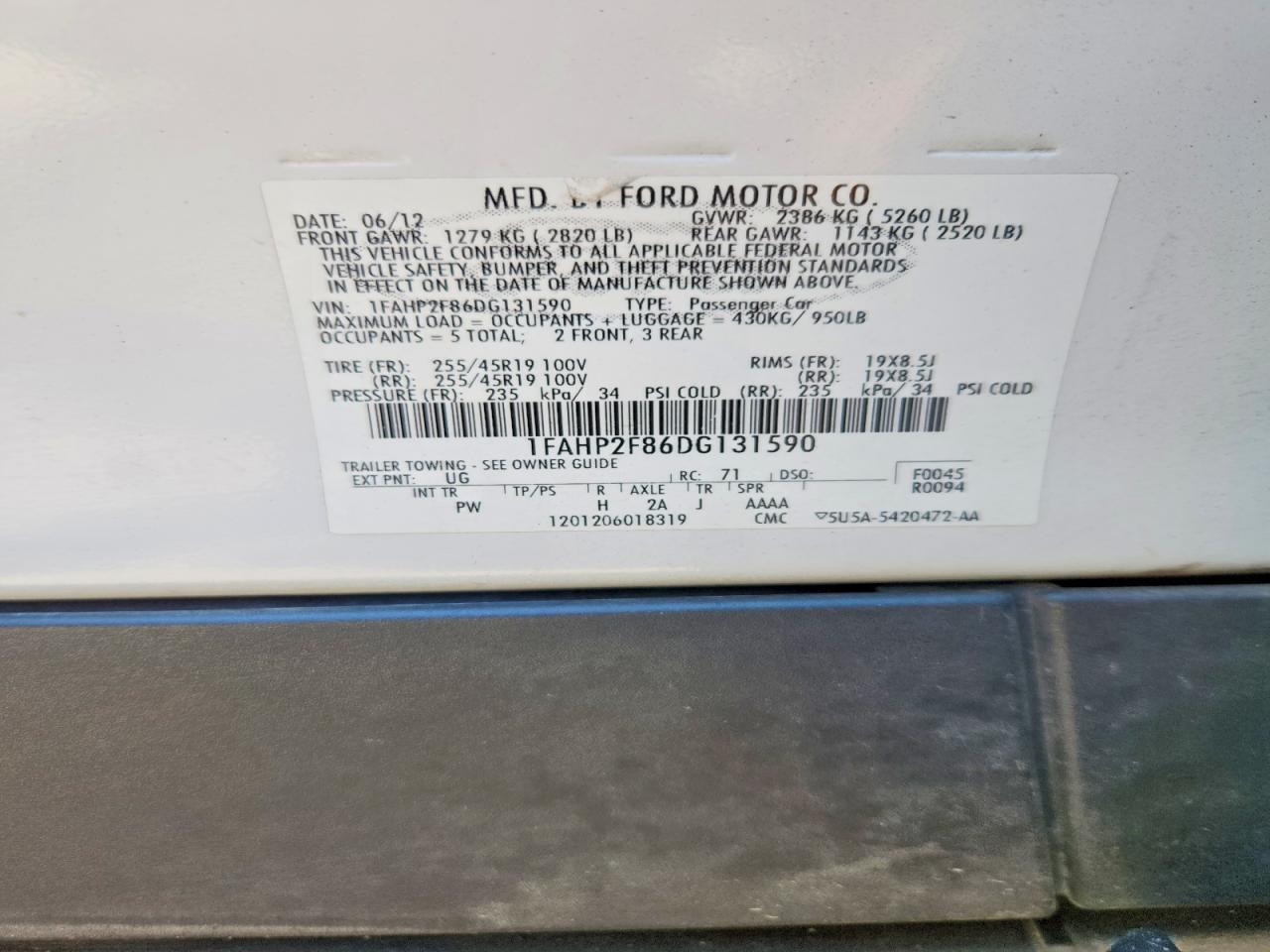 2013 Ford Taurus Limited White vin: 1FAHP2F86DG131590