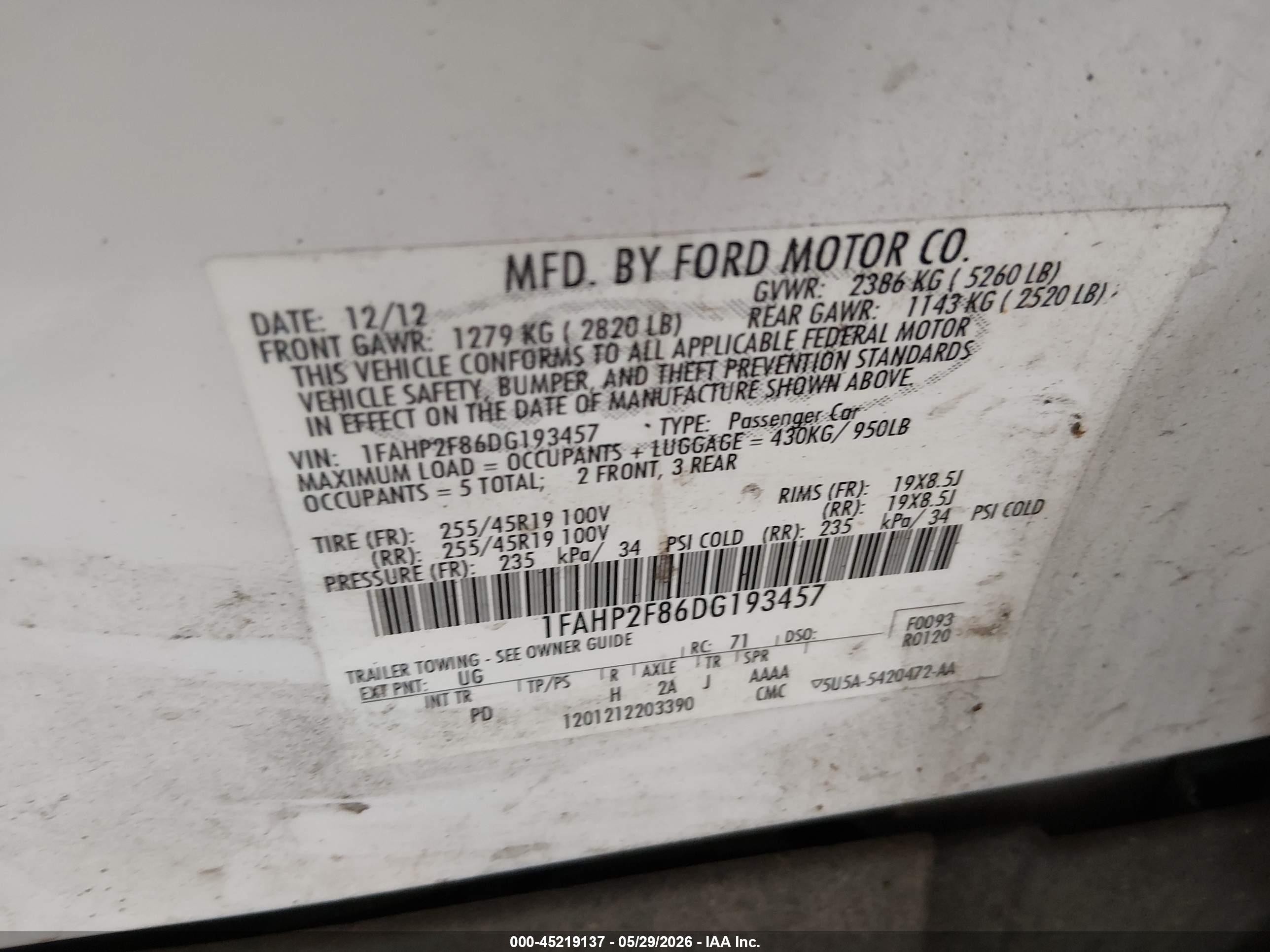 2013 Ford Taurus Limited White vin: 1FAHP2F86DG193457