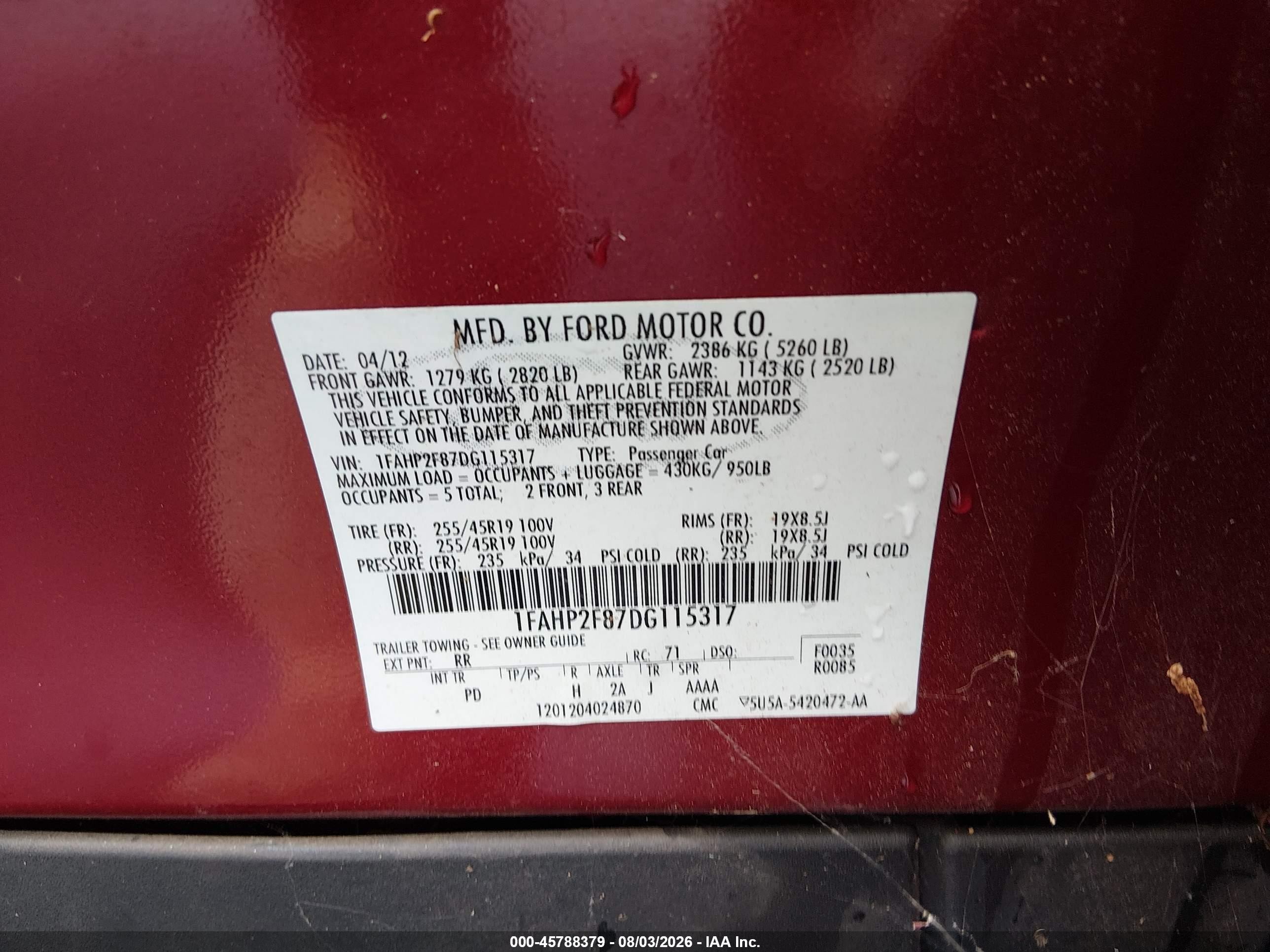 2013 Ford Taurus Limited Красный vin: 1FAHP2F87DG115317
