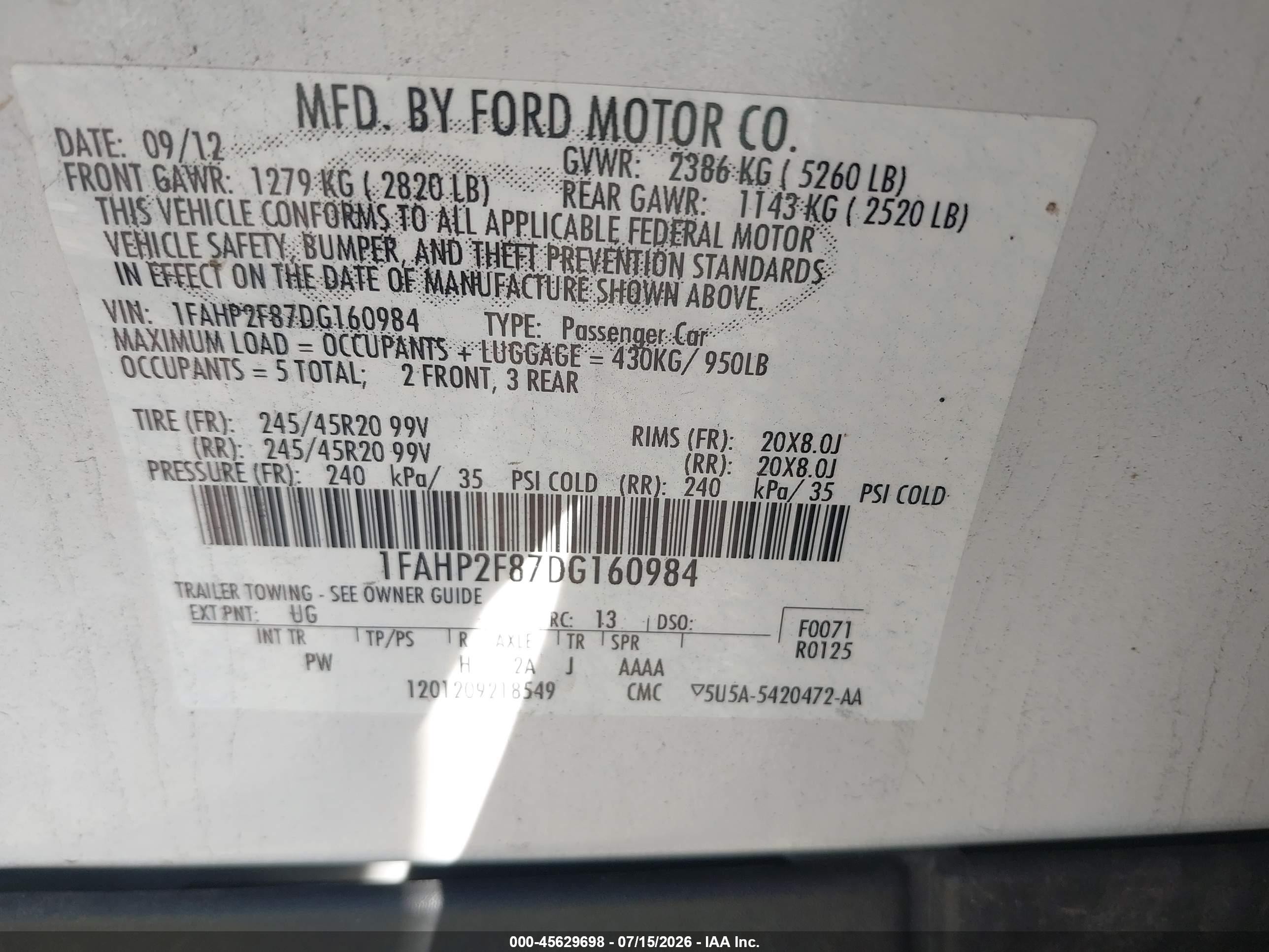 2013 Ford Taurus Limited White vin: 1FAHP2F87DG160984