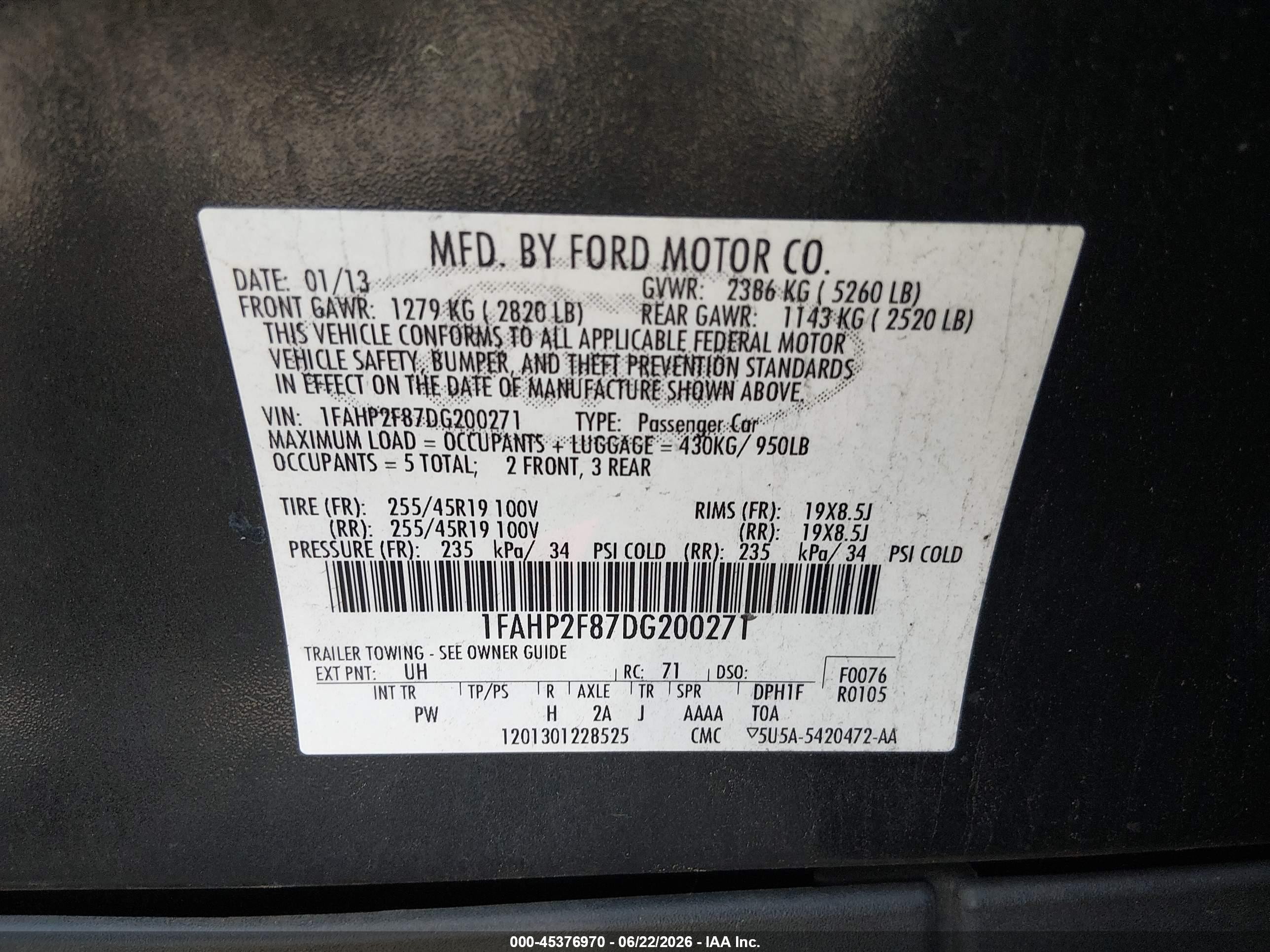 2013 Ford Taurus Limited Black vin: 1FAHP2F87DG200271