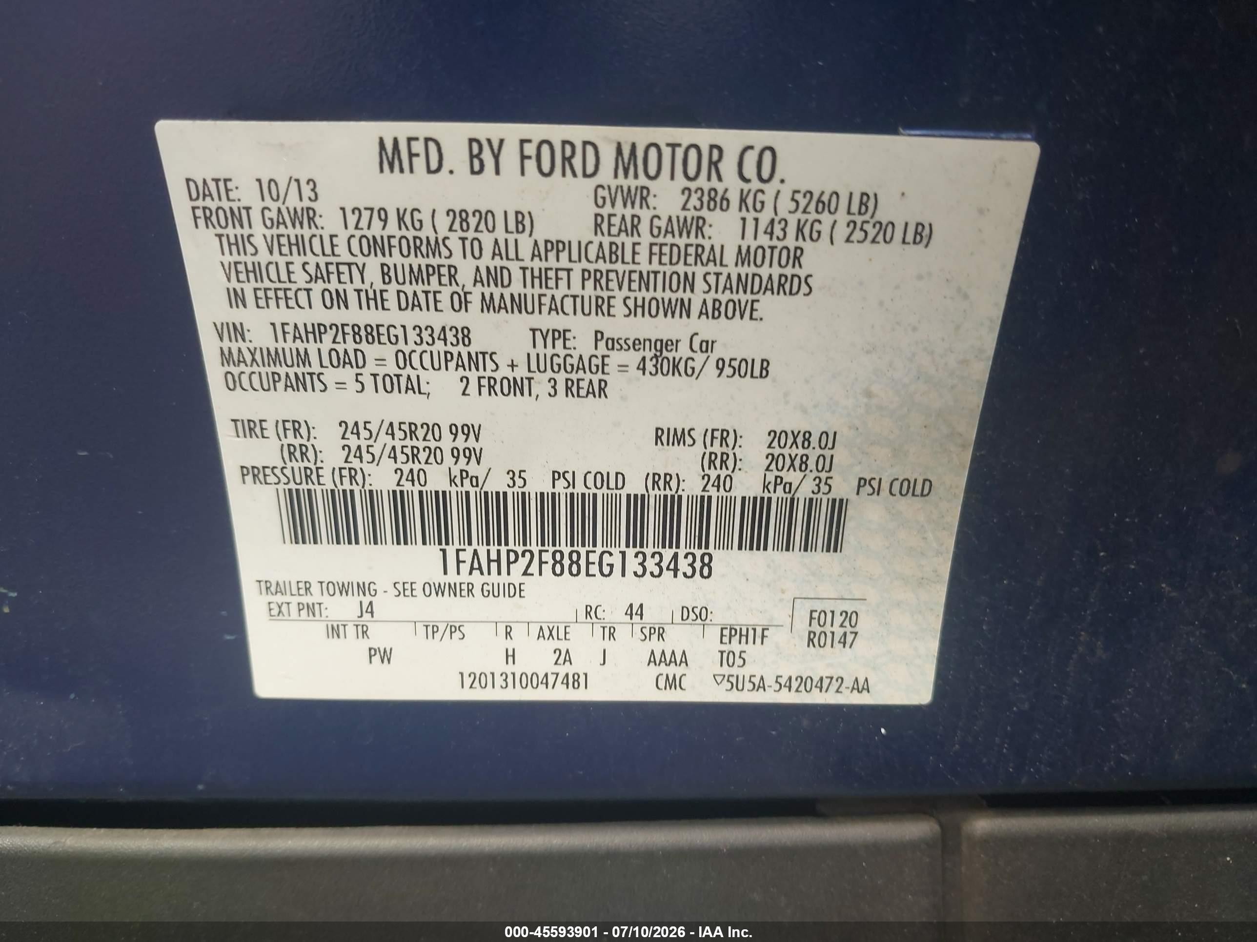 2014 Ford Taurus Limited Blue vin: 1FAHP2F88EG133438