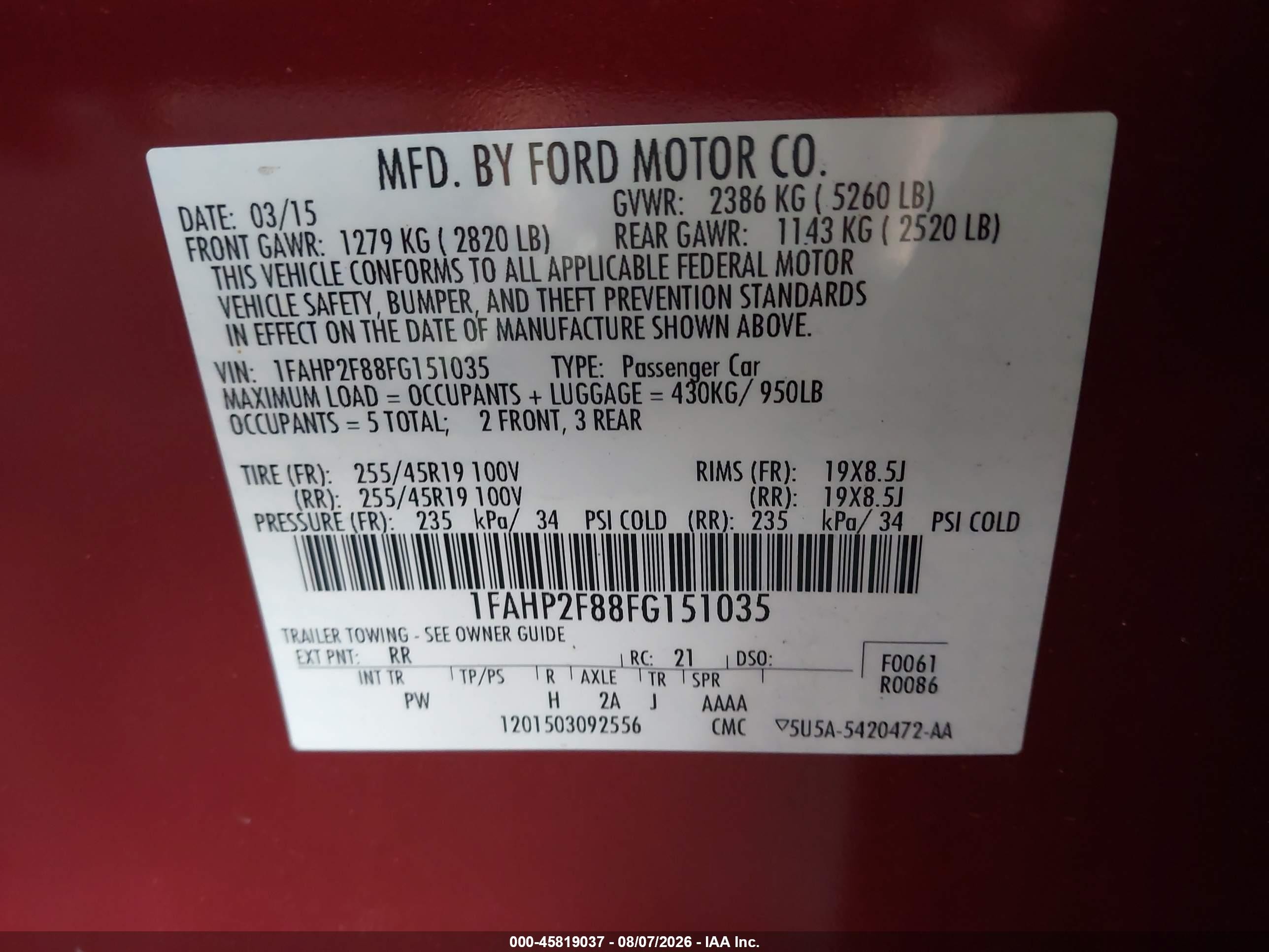 2015 Ford Taurus Limited Red vin: 1FAHP2F88FG151035