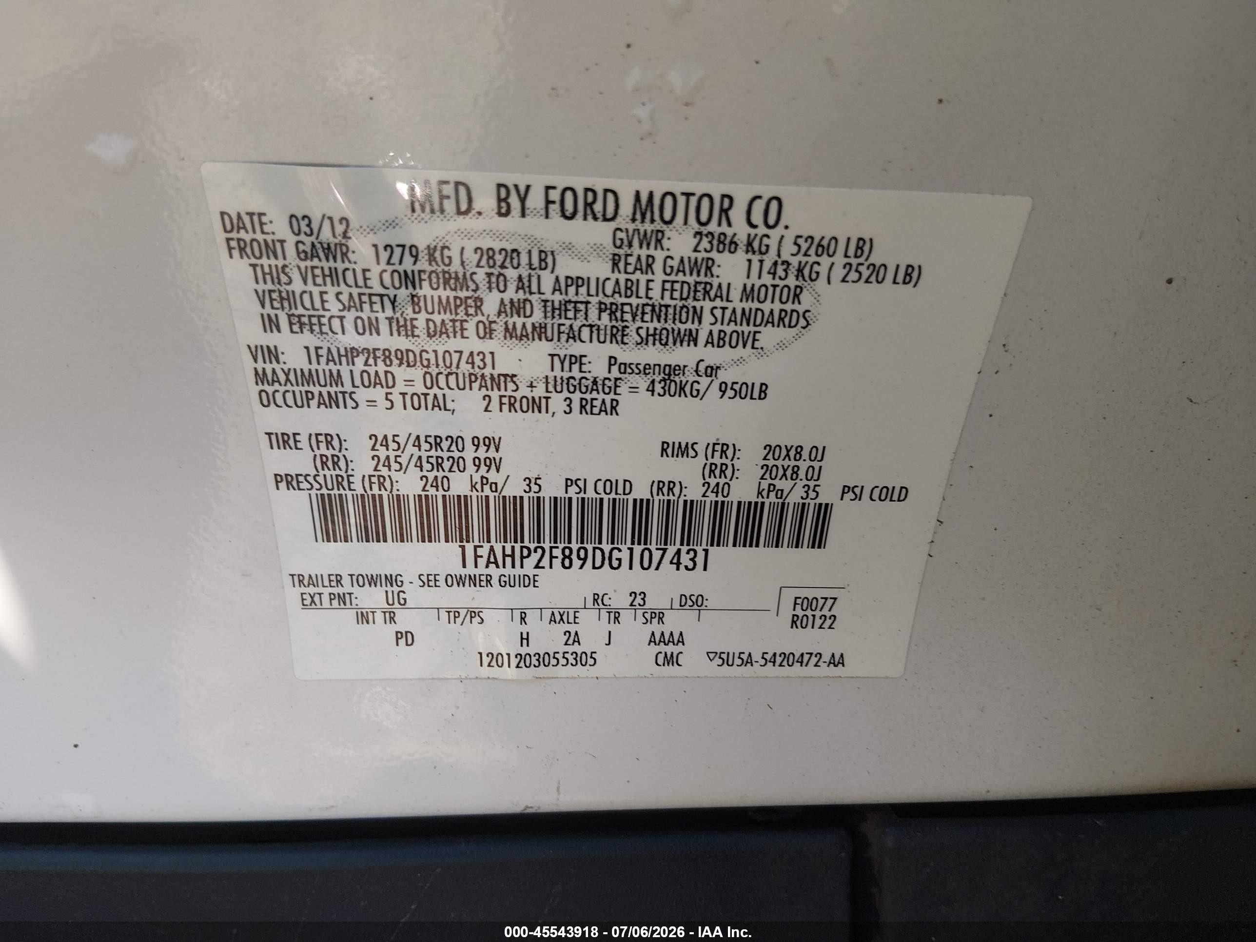 2013 Ford Taurus Limited White vin: 1FAHP2F89DG107431