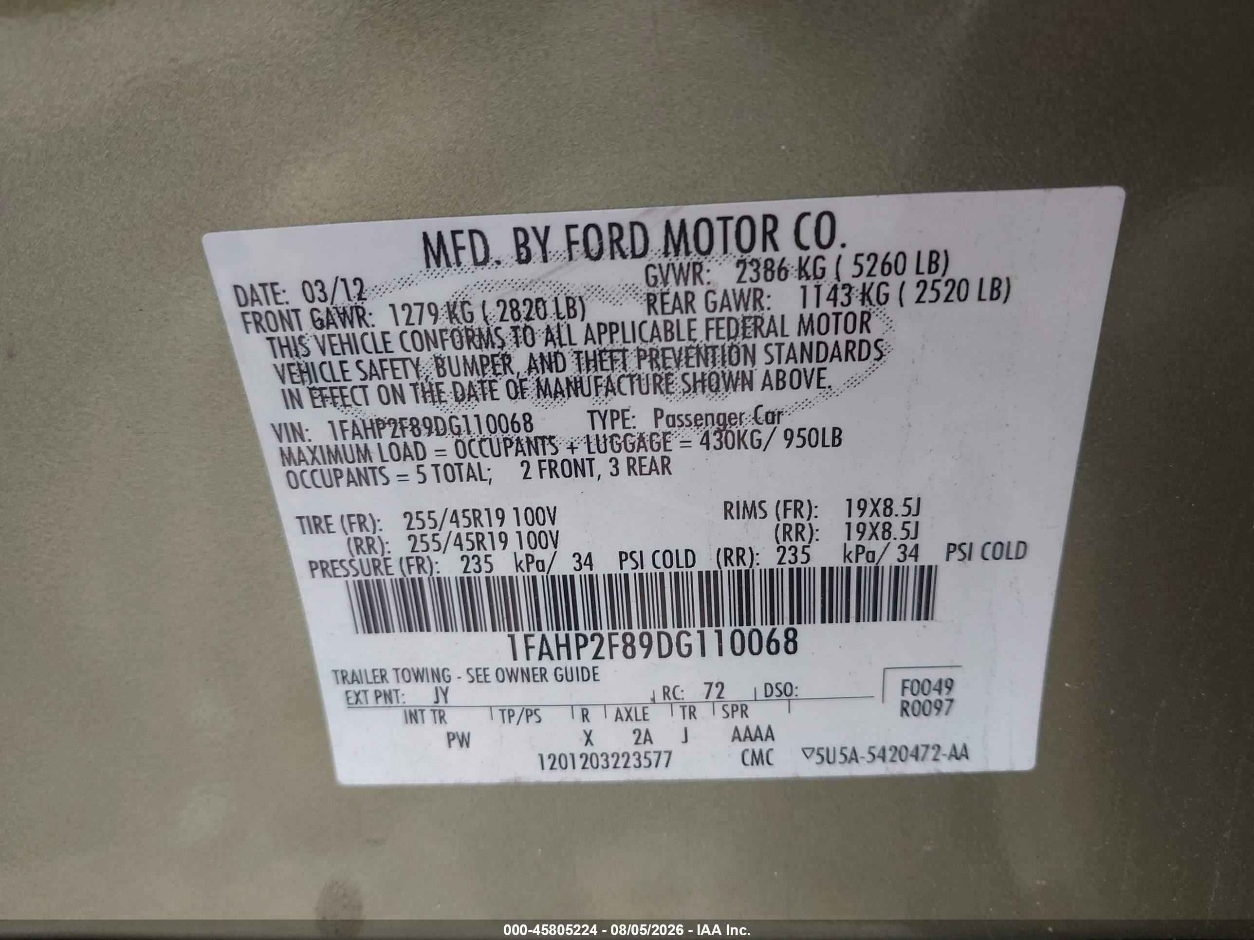 2013 Ford Taurus Limited Champagne vin: 1FAHP2F89DG110068