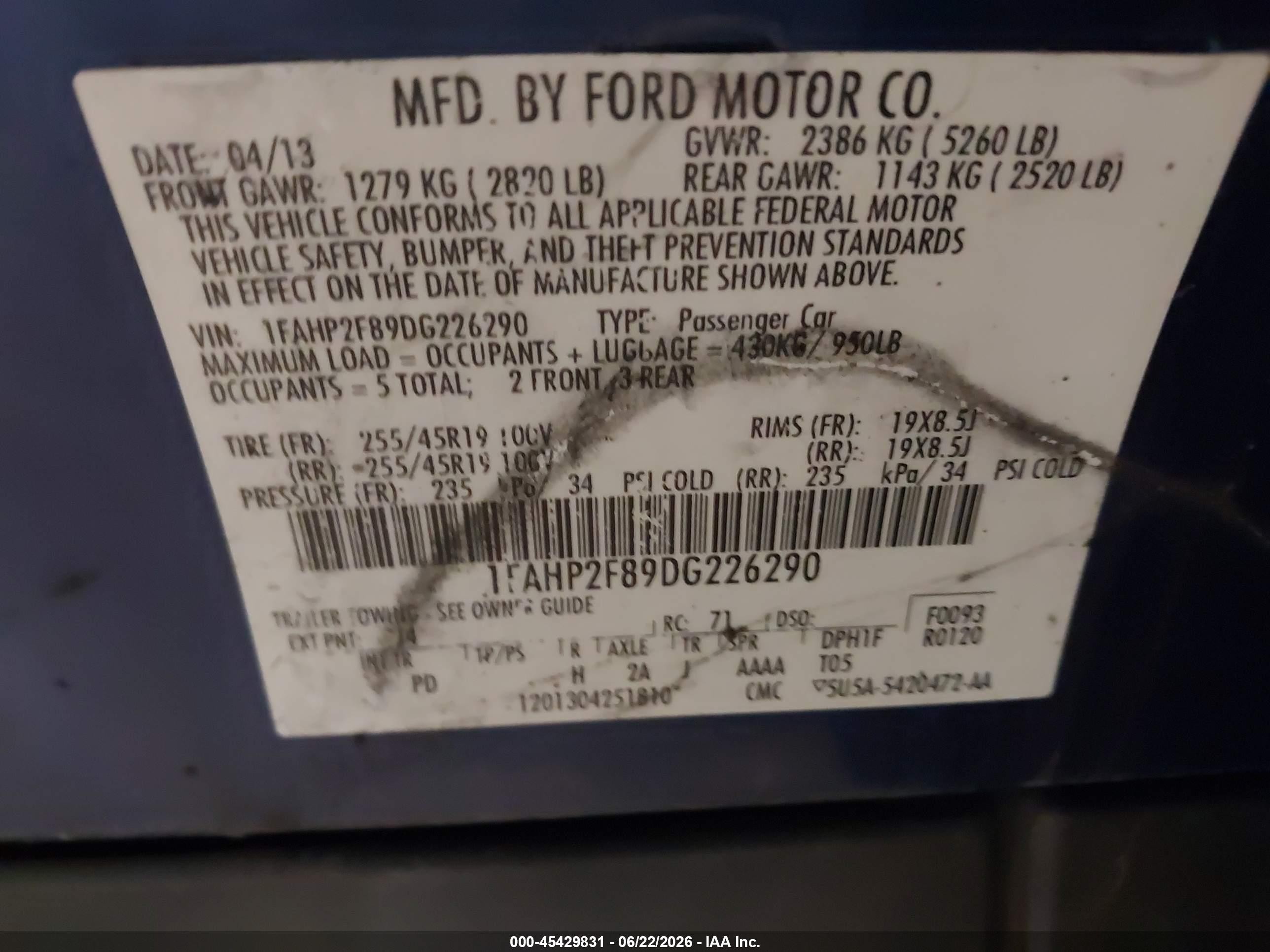 2013 Ford Taurus Limited Blue vin: 1FAHP2F89DG226290