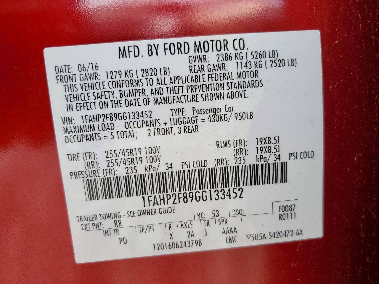 2016 Ford Taurus Limited Red vin: 1FAHP2F89GG133452
