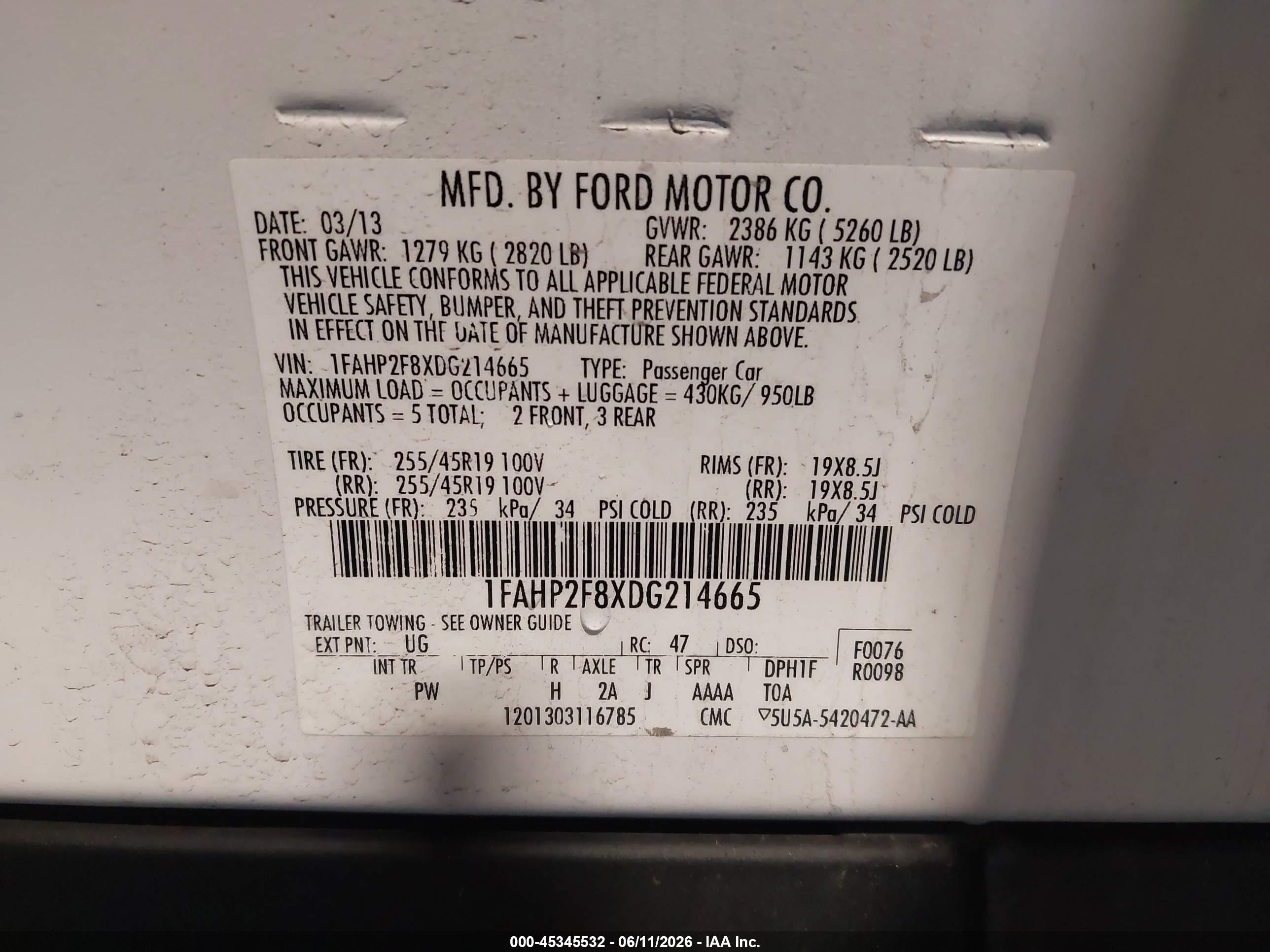 2013 Ford Taurus Limited White vin: 1FAHP2F8XDG214665