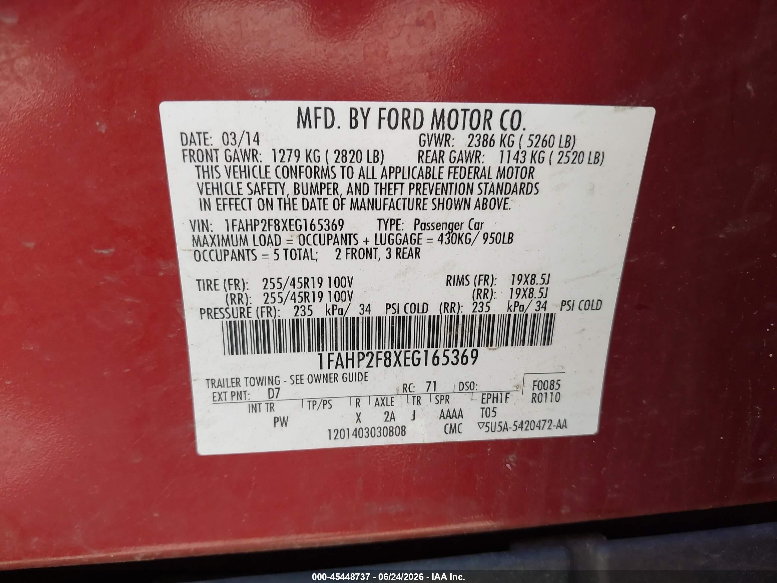 2014 Ford Taurus Limited Red vin: 1FAHP2F8XEG165369