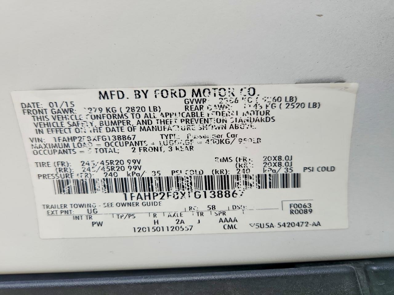 2015 Ford Taurus Limited White vin: 1FAHP2F8XFG138867