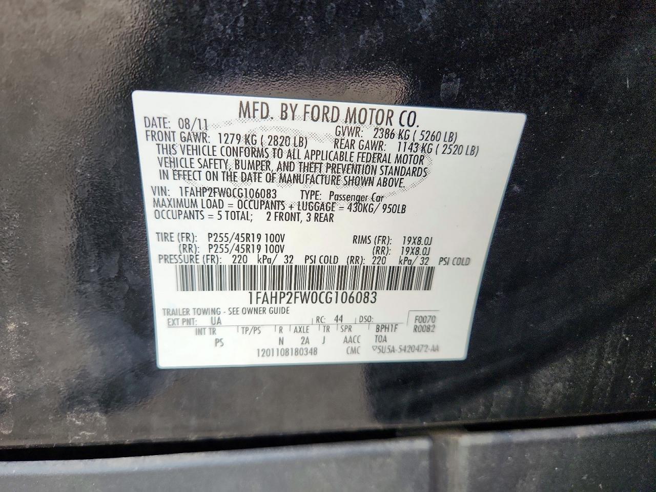 2012 Ford Taurus Limited Black vin: 1FAHP2FW0CG106083