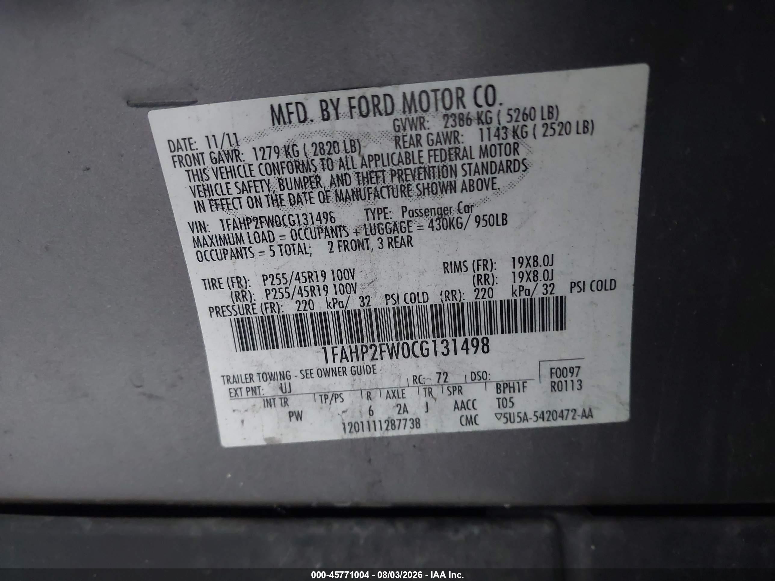 2012 Ford Taurus Limited Gray vin: 1FAHP2FW0CG131498
