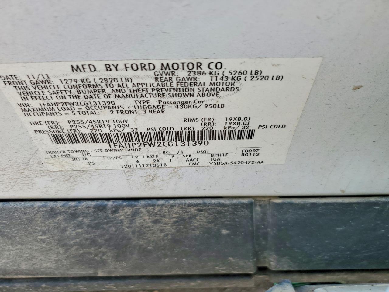 2012 Ford Taurus Limited Белый vin: 1FAHP2FW2CG131390