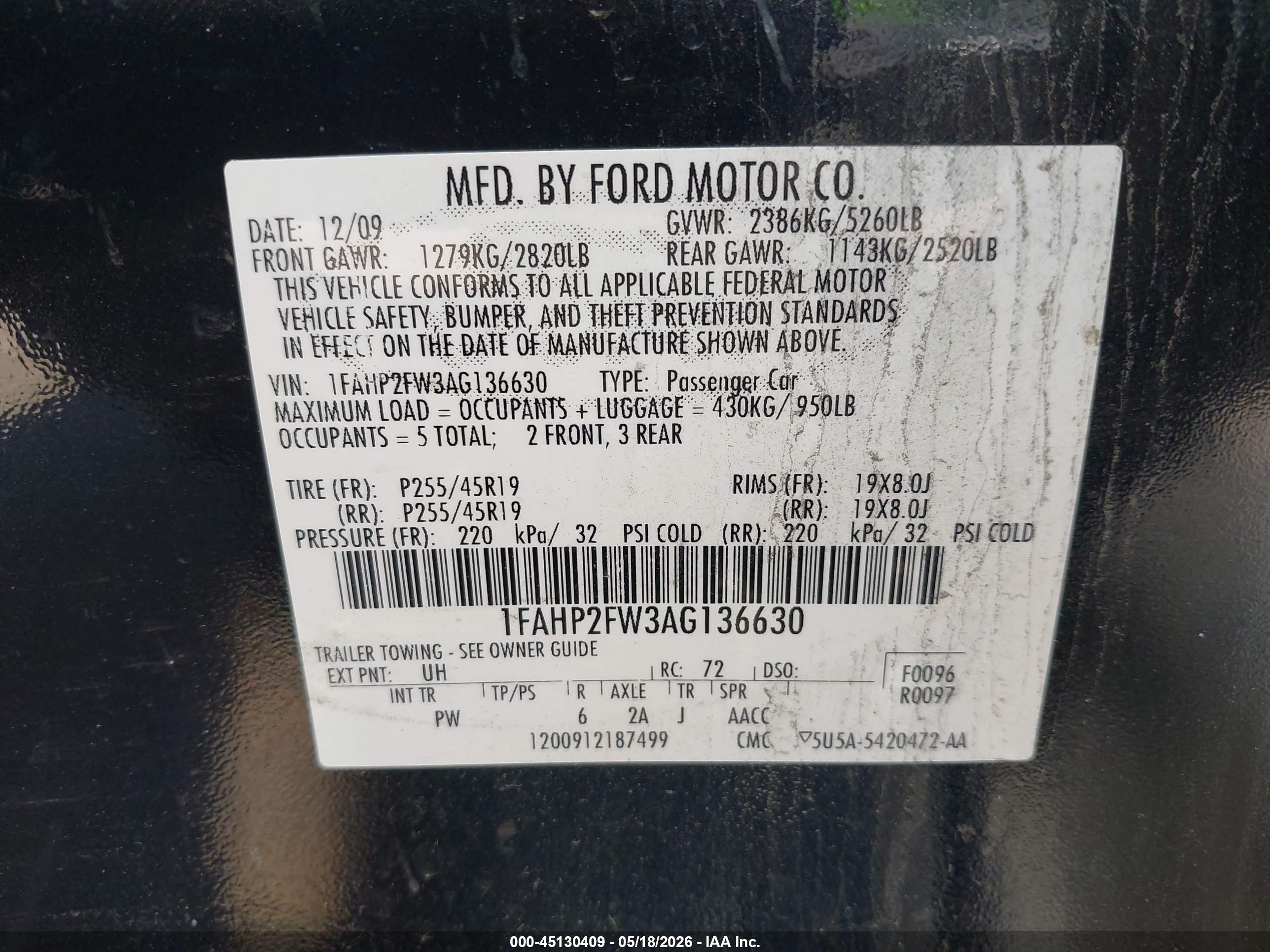 2010 Ford Taurus Limited Black vin: 1FAHP2FW3AG136630