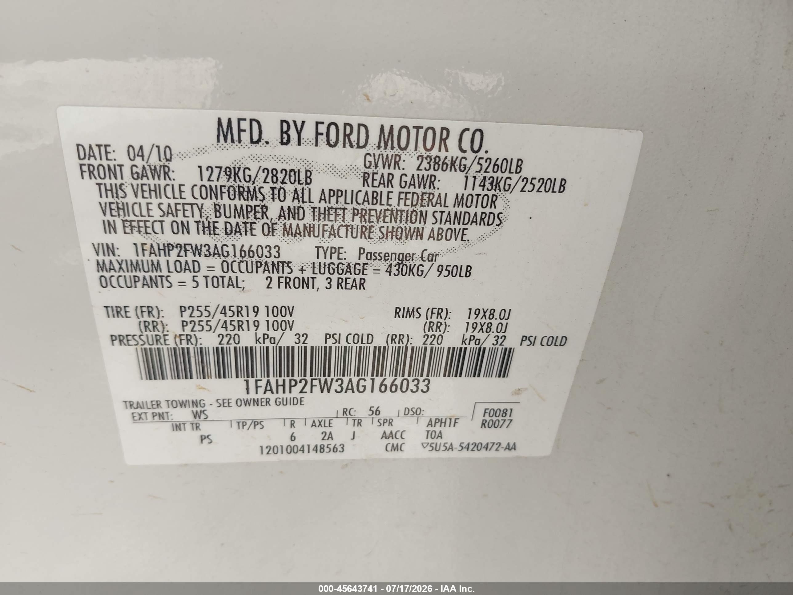 2010 Ford Taurus Limited White vin: 1FAHP2FW3AG166033