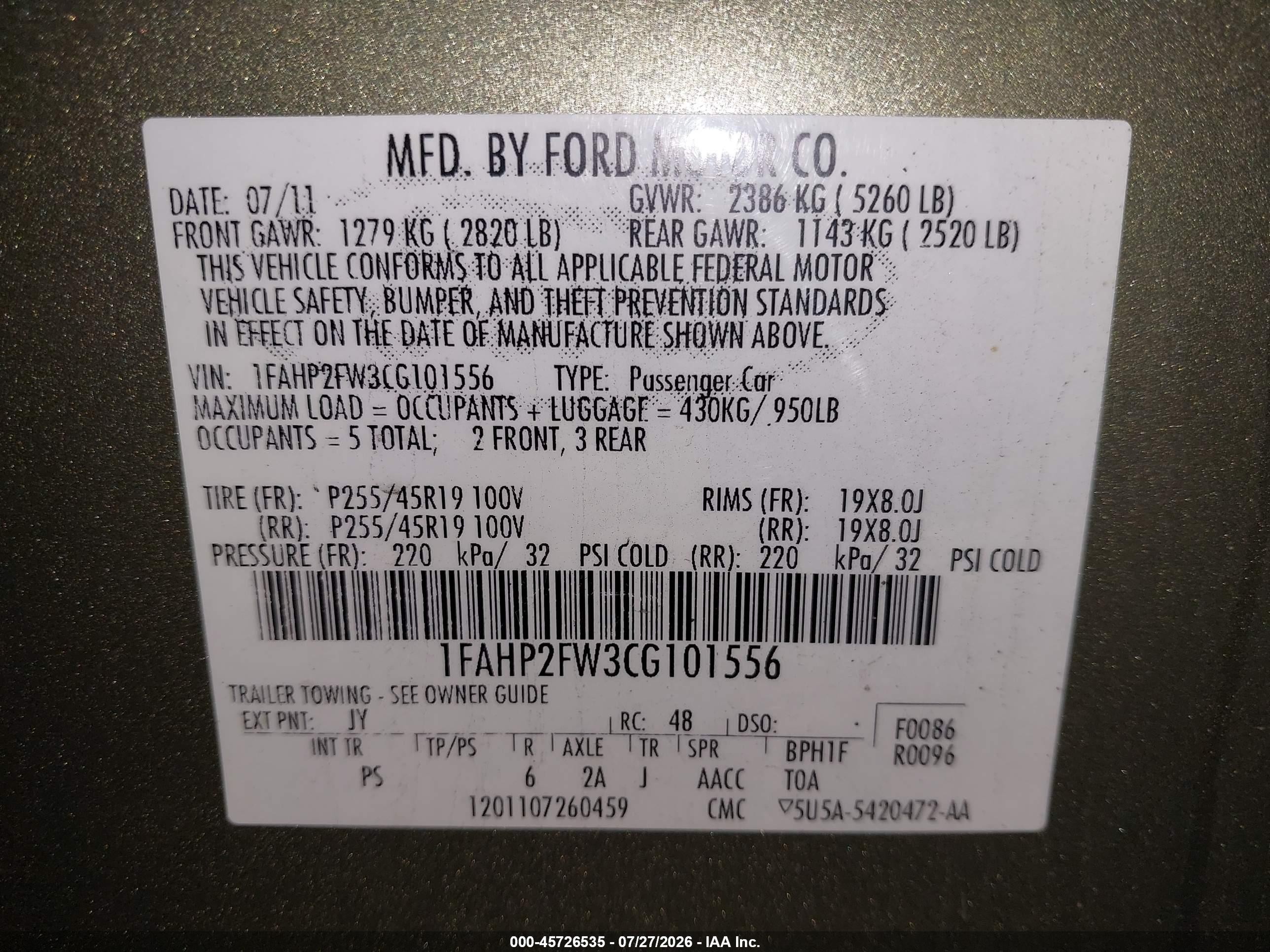 2012 Ford Taurus Limited Green vin: 1FAHP2FW3CG101556
