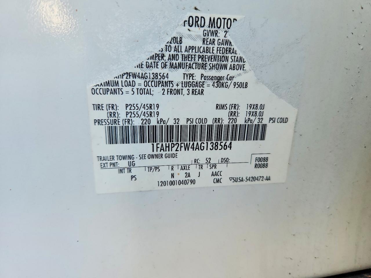 2010 Ford Taurus Limited White vin: 1FAHP2FW4AG138564
