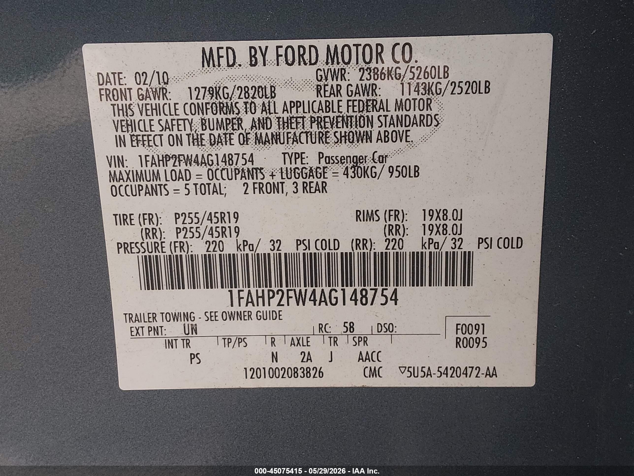 2010 Ford Taurus Limited Синий vin: 1FAHP2FW4AG148754